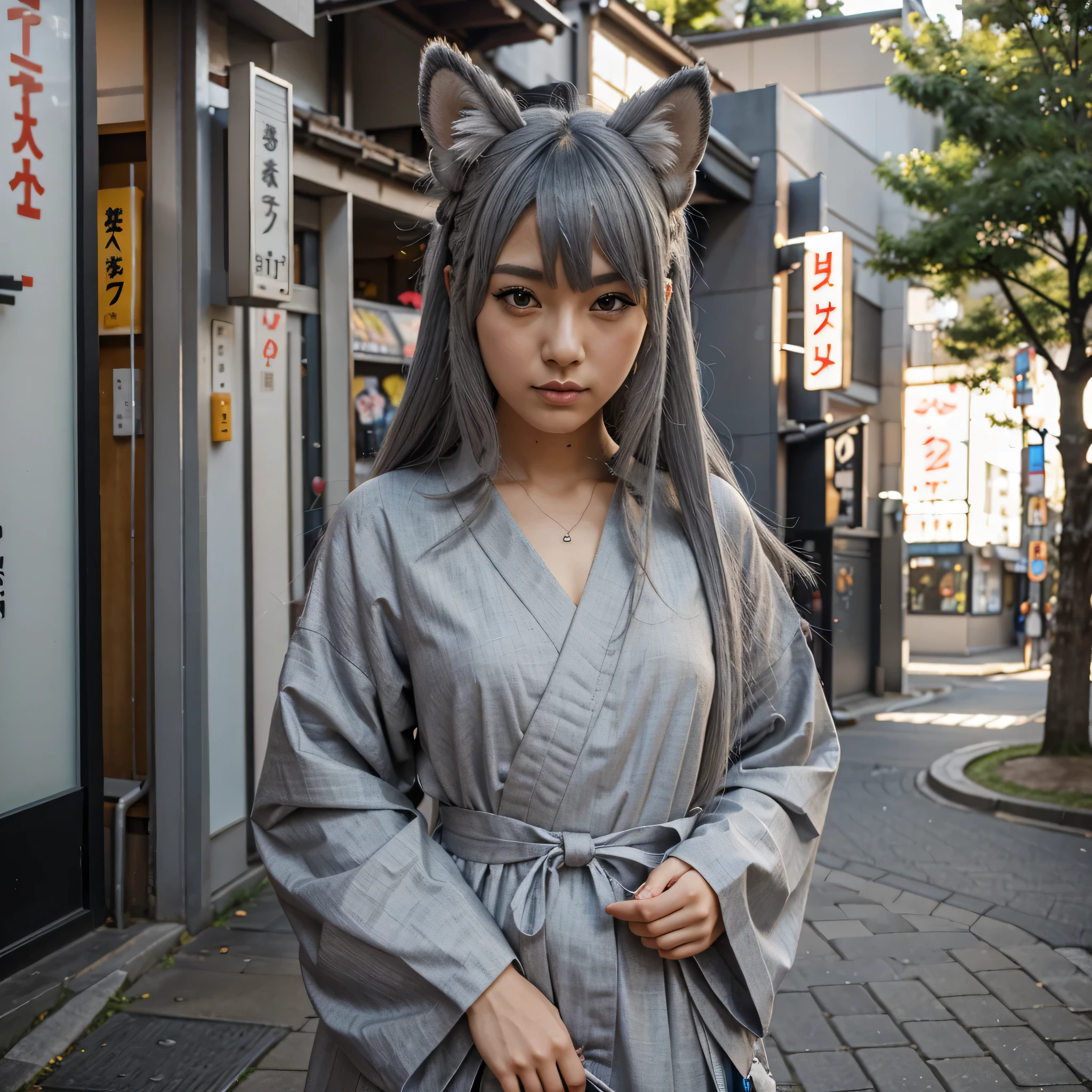 Gray-haired harajuku stylish,kitsune deity