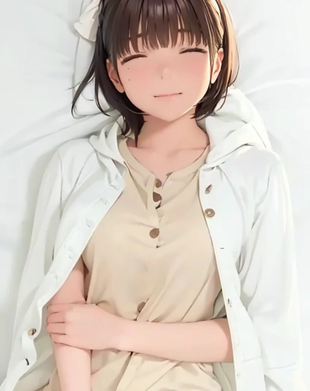 High resolution,In 8K,highest quality,detailed,Semi-realistic anime,Anime 3D Style,Smooth anime CG,One Girl,19-year-old woman in Japan,slim,Modeled,Shiny brown hair,Medium Hair,detailedな顔,Beautiful and detailed,Glowing Skin,Light Shirt,Ivory colored hoodie,straggling hair,Angelic hairstyle,(Small breasts),(((close your eyes))),((Shut your mouth.)),((Sleeping face))