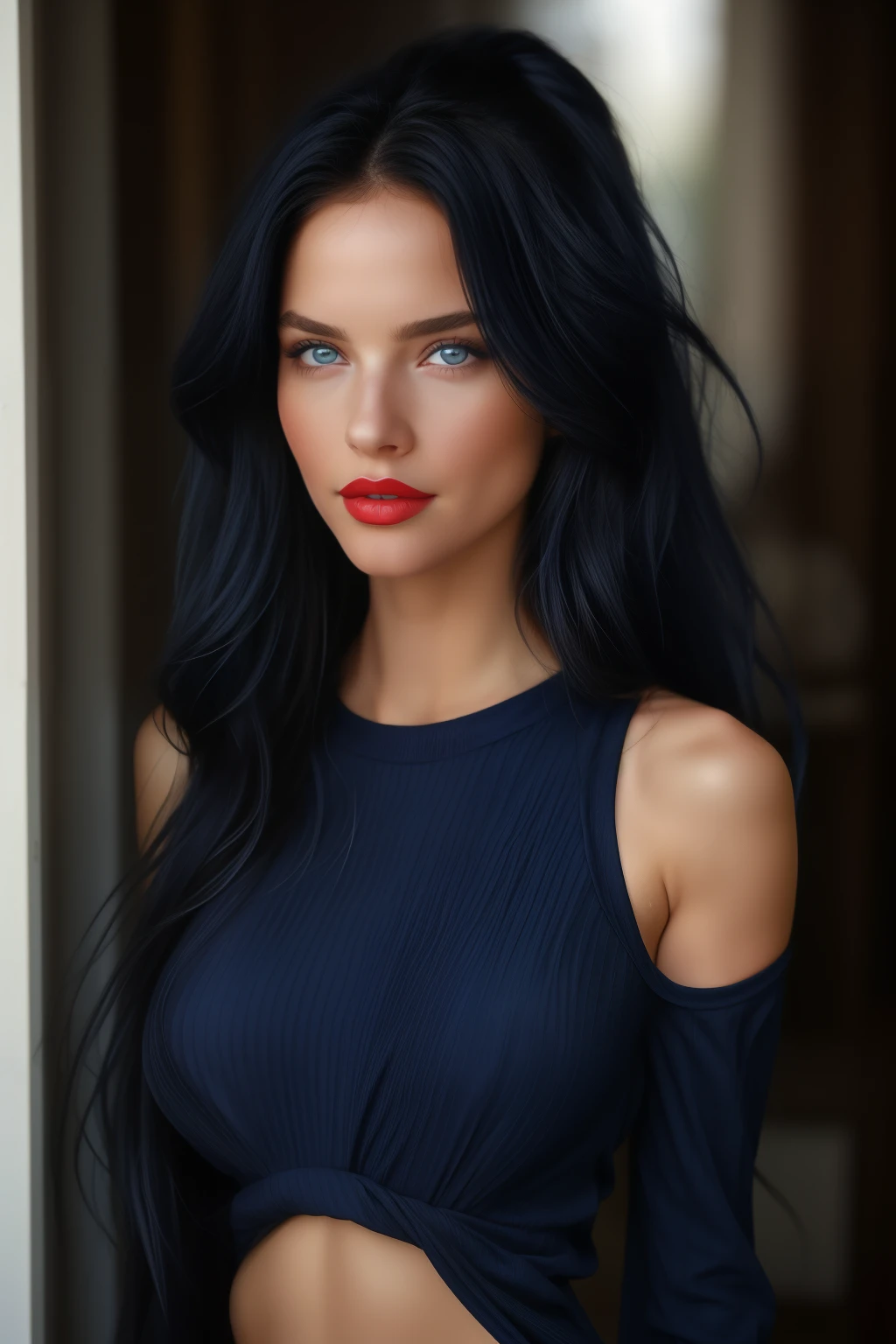 bellissima,1girl,Caucasian woman, blue-black hair, wavy hair, long hair, hair in a ponytail, blue eyes, lined eyes, shiny eyes, highlights blue eyes, red lipstick, makeup, smile, (athletic body), (medium breasts), nipples, (((navy blue top))), Low-cut top, Front shot.