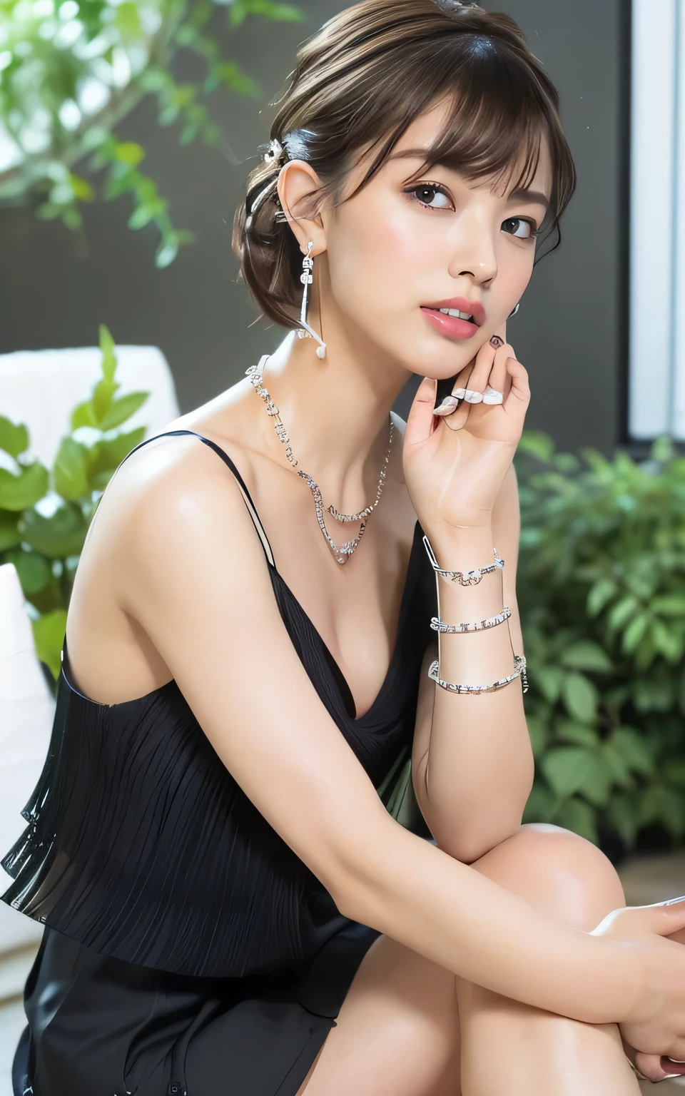 (Elegant clothes with floral print, No bra, Nipples, Beautiful thighs are visible:1.5),

((29-year-old, Elegant beautiful female announcer, Sexy body:1.2)),
((She looks like she wants to be kissed.:1.2)),

((Where are you touching? You&#39;re so naughty.！,Your dick is getting hard,You were thinking about something naughty:1.2)),
((Come closer to me, kiss my chest, If you touch me that much I&#39;ll feel it:1.2)),

((Stylish living room, Foliage plant, Black Wall, Complete darkness, The night view can be seen from the large window:1.2)), 
((Sitting cross-legged on the floor:1.3)),

Eye focus, Narrow shoulders, Beautiful clavicle, Long, slender legs, The back of the hand is beautiful and feminine, 
Slender figure, A soft belly, Thin waist, 
Ultra detailed face, Ultra detailed breasts, Ultra-detailed skin, Fair skin, Glossy Skin, 
Slim face contour, Beautiful small face, Beautiful straight nose, 
Ultra-detailed eyes, Slit eyes, Brown eyes, double eyelid, Beautiful thin eyebrows, Thin, long eyelashes, 
Ultra-detailed lips, Fuller lips, Glossy pink lips, Flushed Cheeks, White teeth, 
Beautiful actress&#39;s languid make-up, Pink lipstick, 
Dark Brown Hair, Delicate soft hair, 
(Put your hair up, Medium Short Hair, Layered:1.2), (Blunt bangs:1.2), 
(Stylish looking earrings,necklace,bracelet,shiny nail art:1.2), 

((Squinting)), 
((pursing lips)), 
((Blushing)), 

