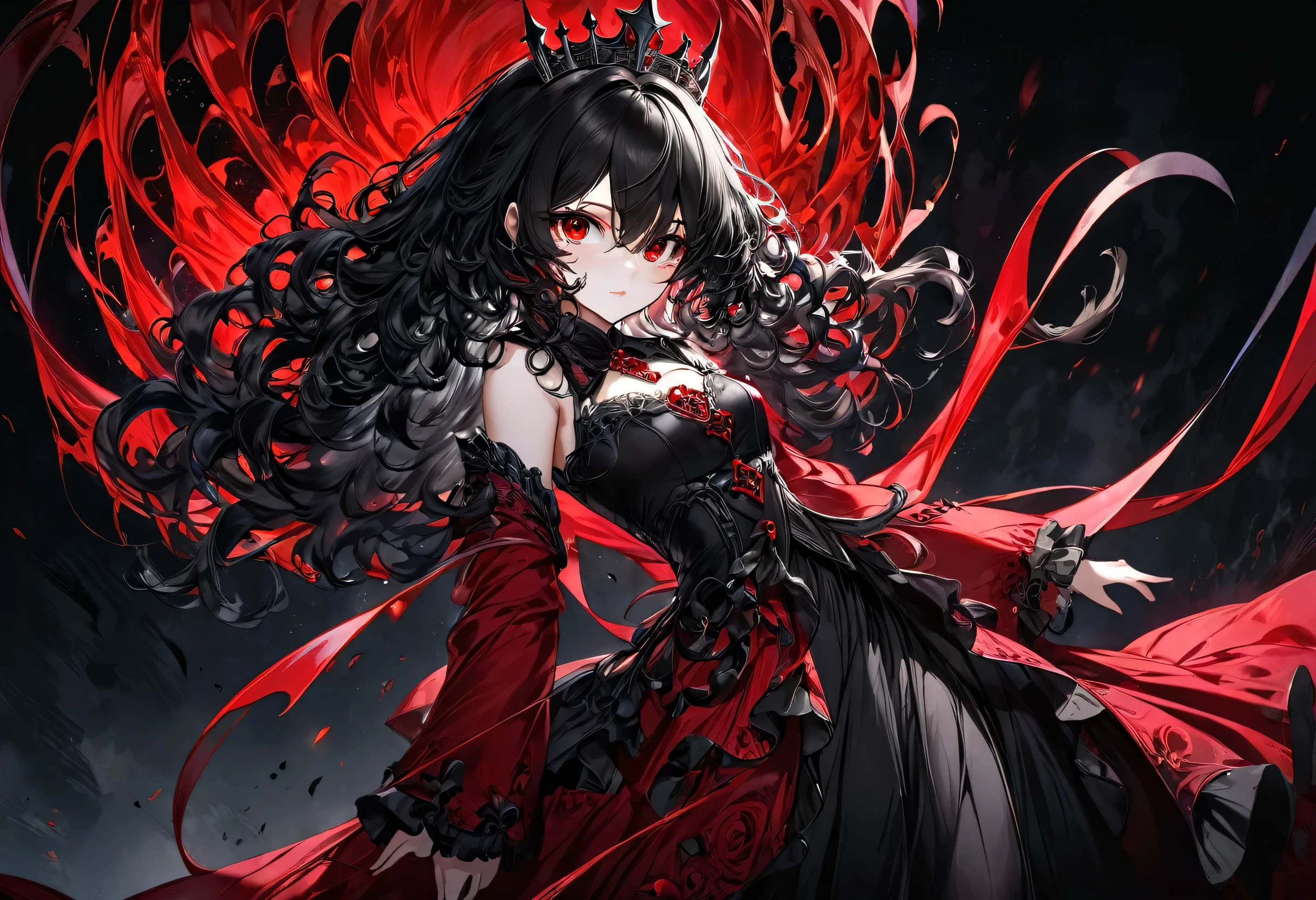 Shadows of hatred:1.4, (solo curly:1.3 black hair long hair evil princess girl, evil red eyes), float in the darkness, master piece, best quality, 16k.