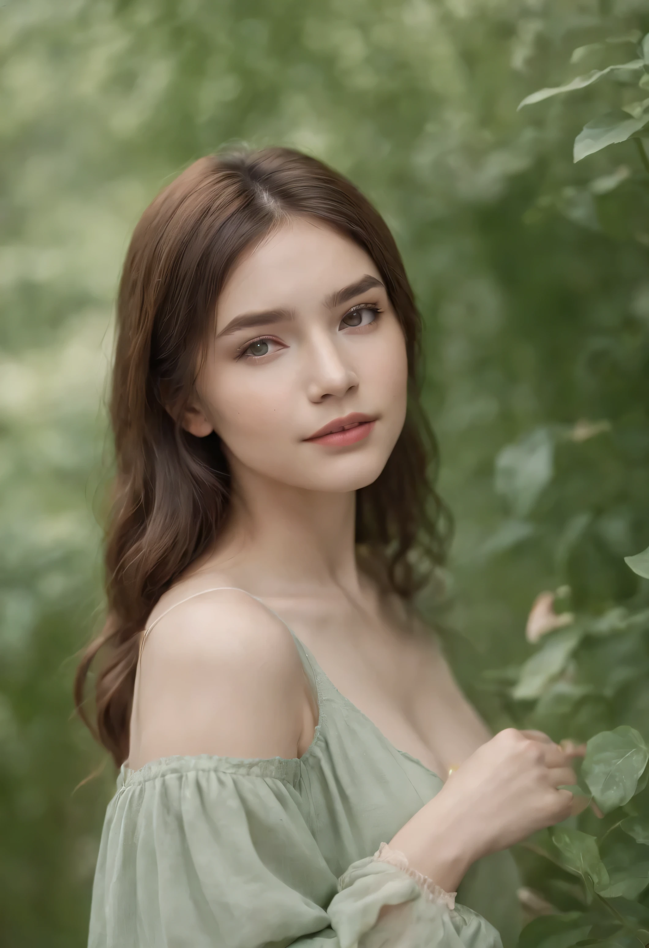 Whole body picture with a college student attire, lily white skin, brown hair, muddy green eyes