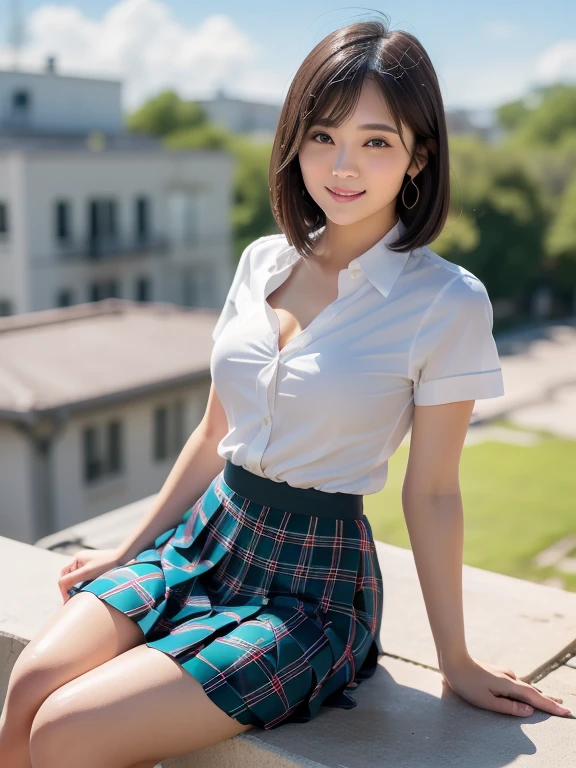 (Highest quality: 1.5), (Realistic: 1.5), (1 person: 1.5), Highly detailed, High resolution, 8k, slightly saggy medium breasts, Natural colored lips, Cute smile, Japanese woman, 20 year old girl, beautiful and graceful features, perfect and beautiful face, balanced big eyes, brunette eyes, beautiful and graceful features, natural double eyelids, natural bangs, beautiful thin nose, beautiful skin, medium bob hair , natural bangs , perfect and beautiful face, slim face and figure, blue summer sky,  socks, (looking at the camera with a sweet smile), bright lighting, professional lighting, forward lighting, beautiful legs: 1.2, smooth skin, slender body, slim waistline, slim thin thighs,  cleavage, detailed clothes, (short sleeve dress shirt:1.5), (Pleated skirt:1.5), plaid pleated micro mini skirt, short sleeve dress shirt, unbuttoned shirt to show cleavage, sit on the roof of the school, Beautiful breasts, beautiful cleavage,