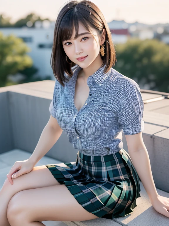 (Highest quality: 1.5), (Realistic: 1.5), (1 person: 1.5), Highly detailed, High resolution, 8k, slightly saggy medium breasts, Natural colored lips, Cute smile, Japanese woman, 20 year old girl, beautiful and graceful features, perfect and beautiful face, balanced big eyes, brunette eyes, beautiful and graceful features, natural double eyelids, natural bangs, beautiful thin nose, beautiful skin, medium bob hair , natural bangs , perfect and beautiful face, slim face and figure, blue summer sky, socks, (looking at the camera with a sweet smile), bright lighting, professional lighting, forward lighting, beautiful legs: 1.2, smooth skin, slender body, slim waistline, slim thin thighs, cleavage, detailed clothes, (short sleeve dress shirt:1.5), (Pleated skirt:1.5), plaid pleated micro mini skirt, short sleeve dress shirt, unbuttoned shirt to show cleavage, sit on the roof of the school, Beautiful breasts, beautiful cleavage,