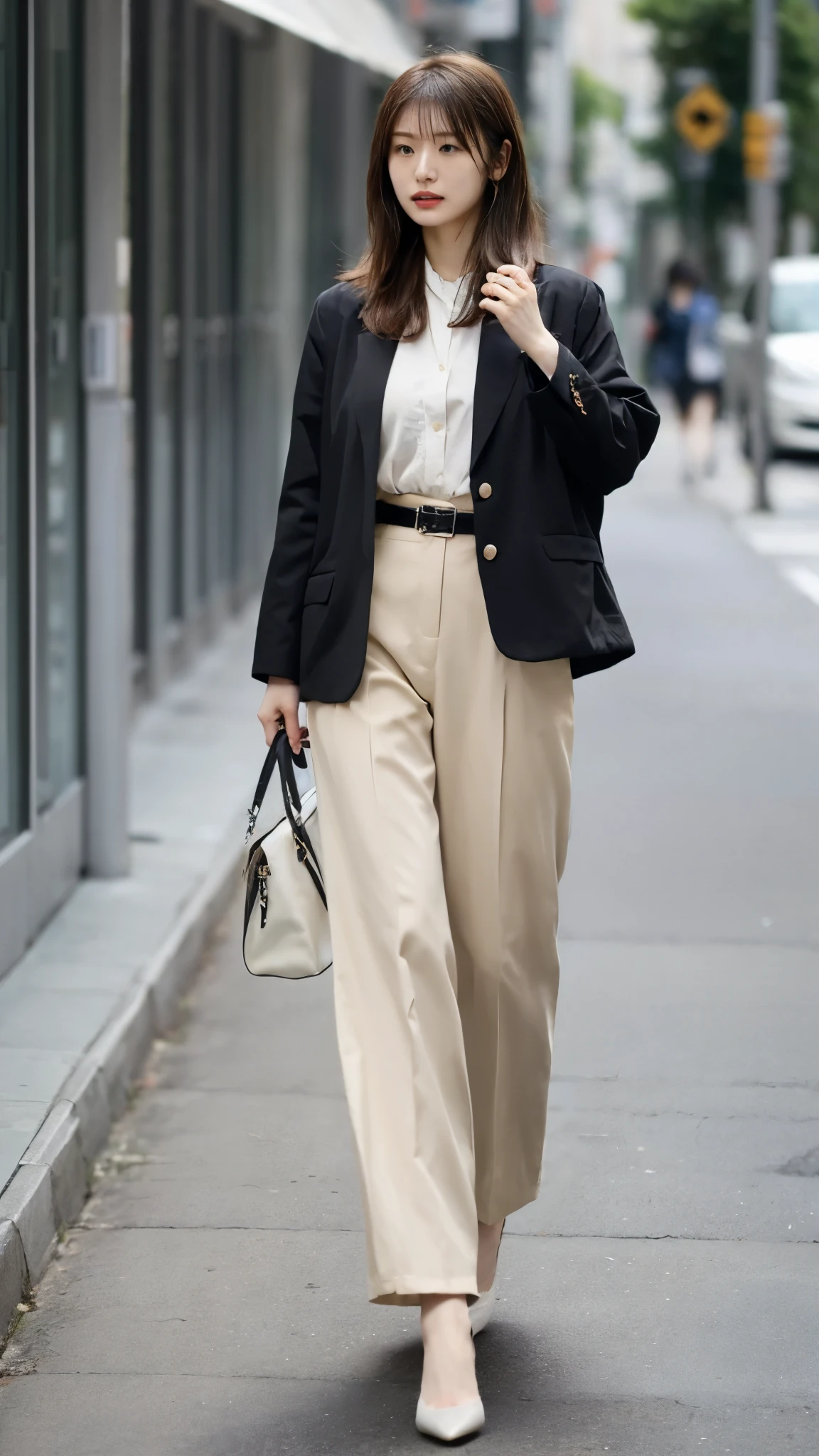 Wearing a black jacket and white shirt、Japanese women leaving the nest，Wearing a black emi-long hair:1.3), (Light brown hair:1.3), high waist，Wearing high heels，The background is gray，Full Body