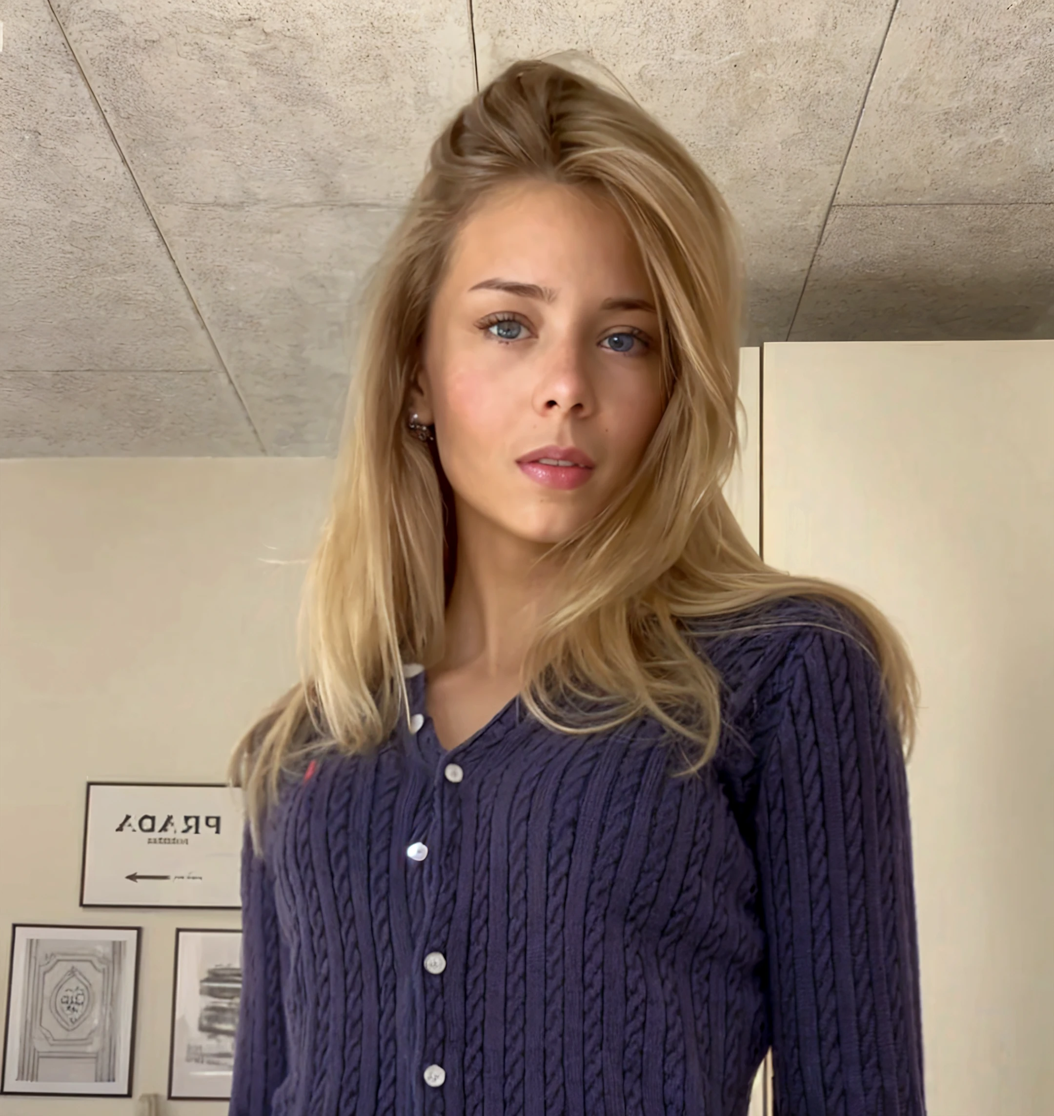 creame una chica rubia de ojos azules muy guapa lo mas humana posible , ahora creala haciendose una foto con una estatua con ropa de invierno muy abrigada