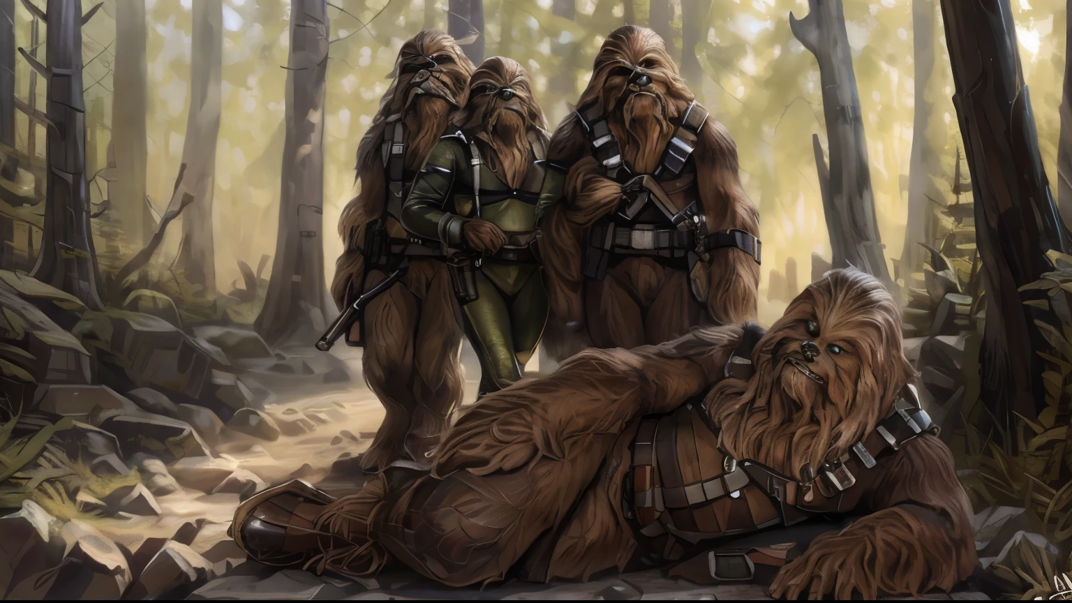 ((three tall, strong male wookies in green tights and a utility belt)), pistolera del muslo, bandoleer, correas de cuero, tactical, Lanzador de Star Wars, pistola, amar, hombreras, 4k, antecedentes detallados, bosque, luz solar brillante, ojos detallados, Ojos estrechos, ojos realistas, ojos serios, Symmetrical eyes, by personalami, por ruardri, por thebigslick, por kenket