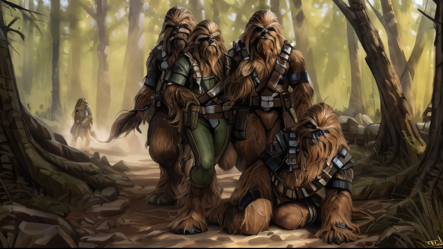 ((three tall, strong male wookies in green tights and a utility belt)), pistolera del muslo, bandoleer, correas de cuero, tactical, Lanzador de Star Wars, pistola, amar, hombreras, 4k, antecedentes detallados, bosque, luz solar brillante, ojos detallados, Ojos estrechos, ojos realistas, ojos serios, Symmetrical eyes, by personalami, por ruardri, por thebigslick, por kenket