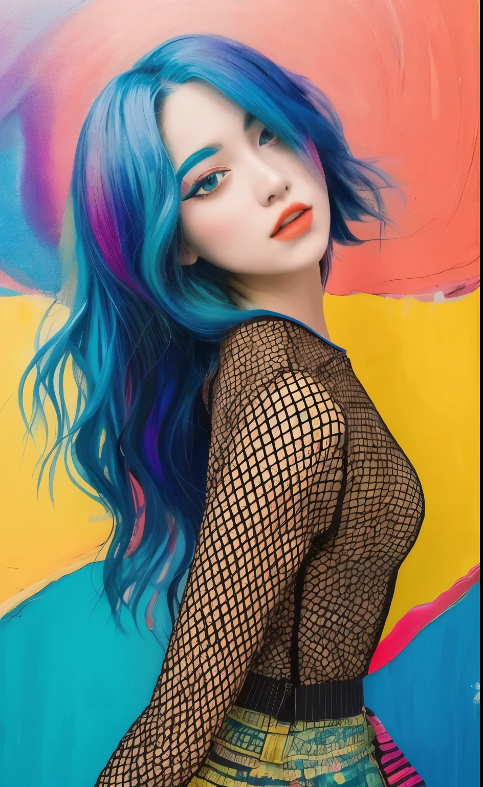 Colorful and catchy clothes that fully express the tropical atmosphere of the southern climate, a girl with long, miraculous mesh-colored hair that seems to have a similar world view and colorful passion, and dynamic and expressive art. The colors are like a mixture of oil painting, paint, and crayon.