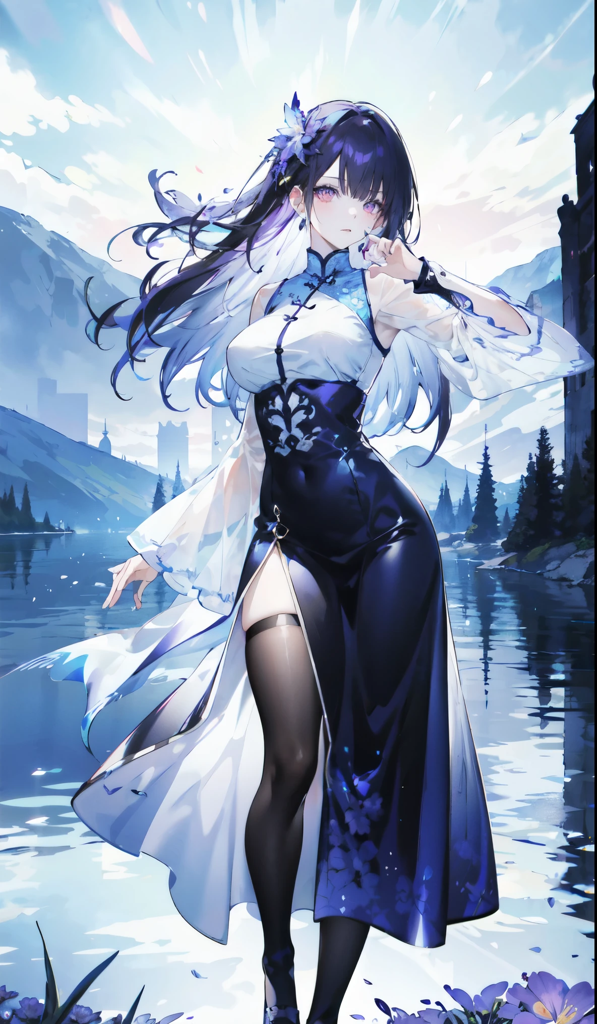 （（masterpiece：1.4，best quality）），（Super detailed），（Extremely detailed eyes），（Black leggings，Shiny socks：1.5），Hello Darkness
((Sexy Girl，Large Breasts))，（Blood-red pupils，Diamond-shaped pupil：1.15），Purple Eyeshadow，（Elongated hair，Thick hair，shiny hair：1.5）（Variza：1.2），Fair skin，tilt head to one side，Kneel down
（She wears blue armor，Tight cheongsam，：1.5），Very long plush sleeves，White，White Cloud，Dream bubbles ，Ice and glitter effects
（Black long skirt：1.1），
（dawn：1.2），
（Intense black and white：1.16），（Depth of Field：1.4），，Intricate details，(Sky Castle，Standing on the lake，Purple flowers by the lake)