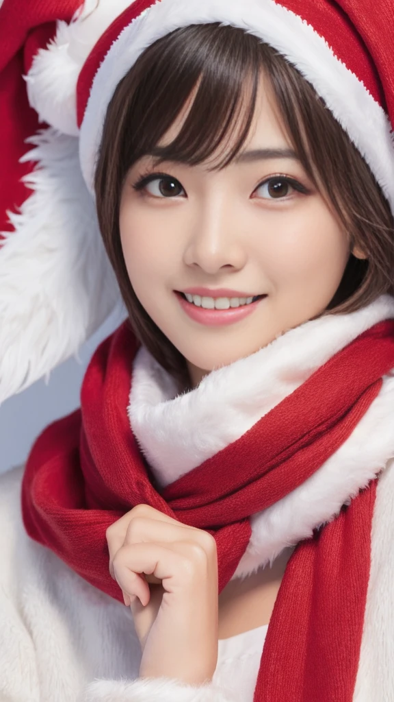 1girl, ultra young japanese girl, santa claus clothes and scarf, slim fit, incredibly cute, very short hair, big smile, ultra beautiful detailed eyes, beautiful detailed lips, extremely detailed face, long eyelashes, innocent, artless, natural makeup, best quality, 4k, 8k, highres, masterpiece, ultra-detailed, realistic, photorealistic, photo-realistic, professional, vivid colors, studio lighting