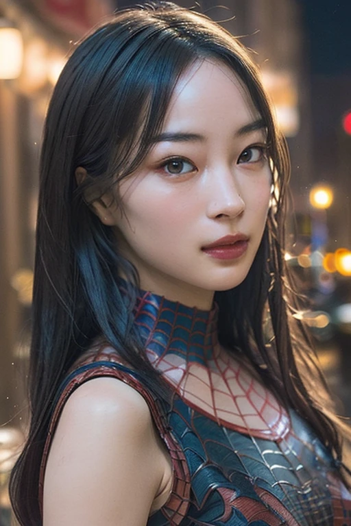 (((Vulgarity)))、((Ultimately realistic))((highest quality)), ((masterpiece)), (detailed), Perfect Face、8K、Spiderman Cosplay、Above the building at night、long hair、Blonde、The body line is clearly visible