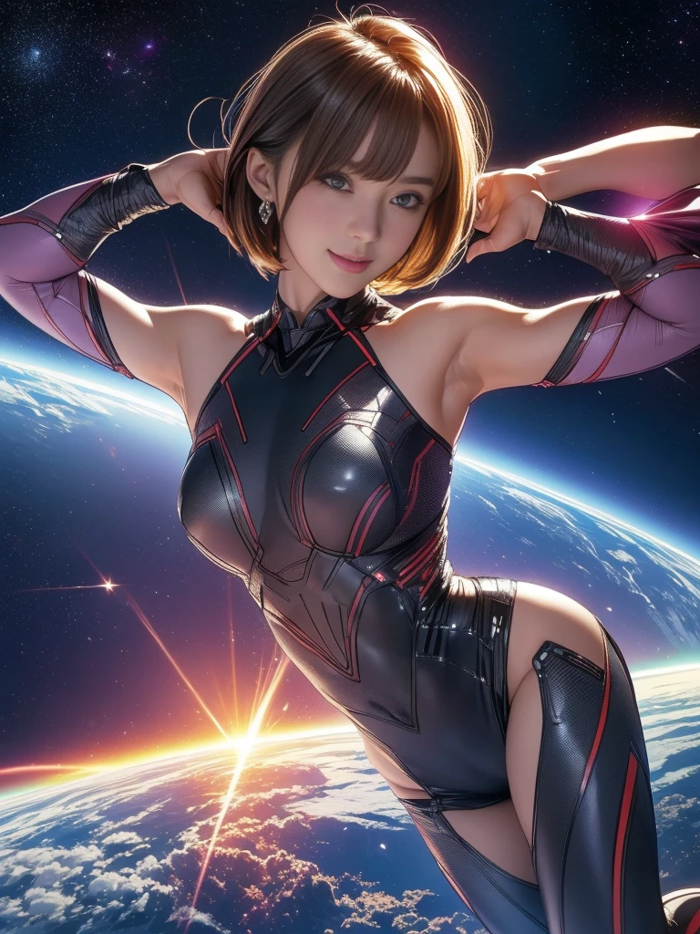 (original photo, best quality), (Practical, Photorealism:1.3), 1 girl, bob cut、earrings、Smile、Practicalbody,Old space clothing、ancient、rock、ancientの儀式、Pyramid shaped UFO flying from space、laser light、 ((13 year old Japanese girl)), ((armpit hair、armpit hairを見せる、raise arms、armpit))
