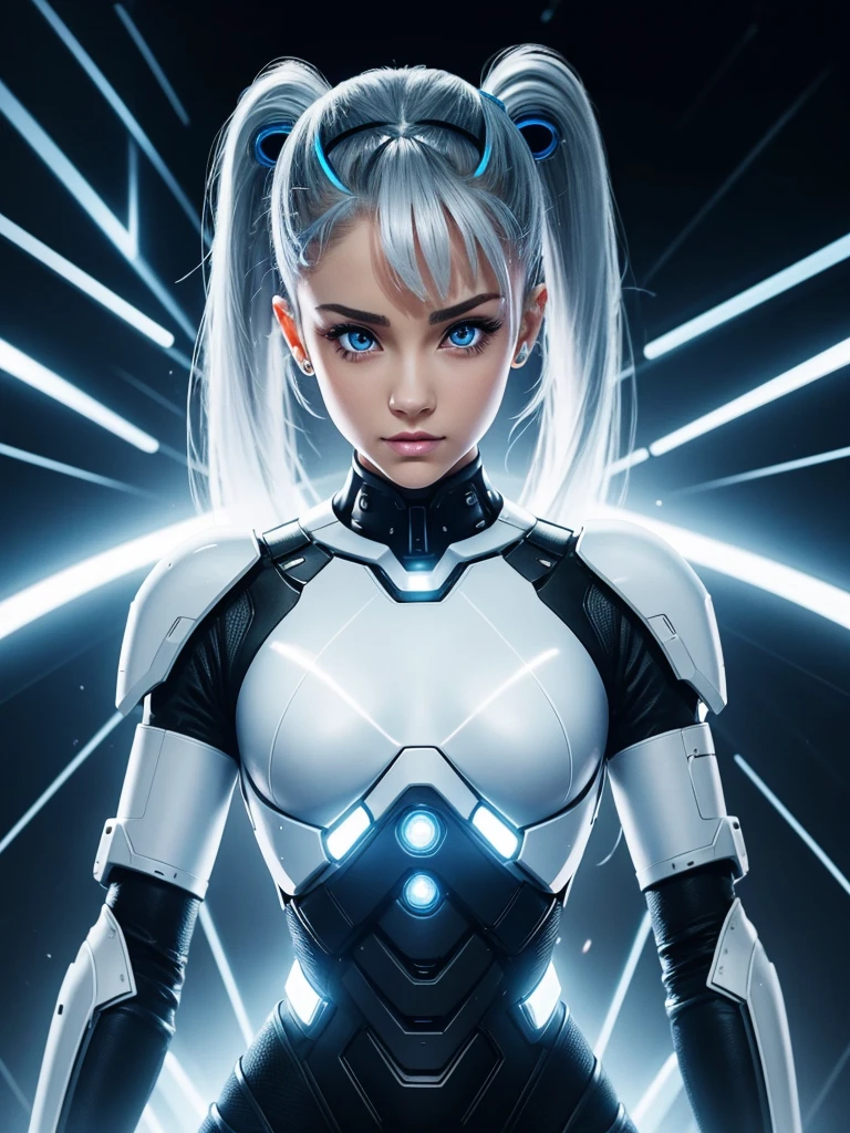 Full body cybernetic girl with ponytail. ariana grande face. Bright white,Shows that she is a cybergirl holding a laser rifle. White eyebrows. clothing like bodysuits. She also has a pair of bright blue eyes. Terminator-like environment. Hair platinum. One side of her face glowed bright blue,It's particularly dazzling。. LED as. And there are LED lights on both hands.