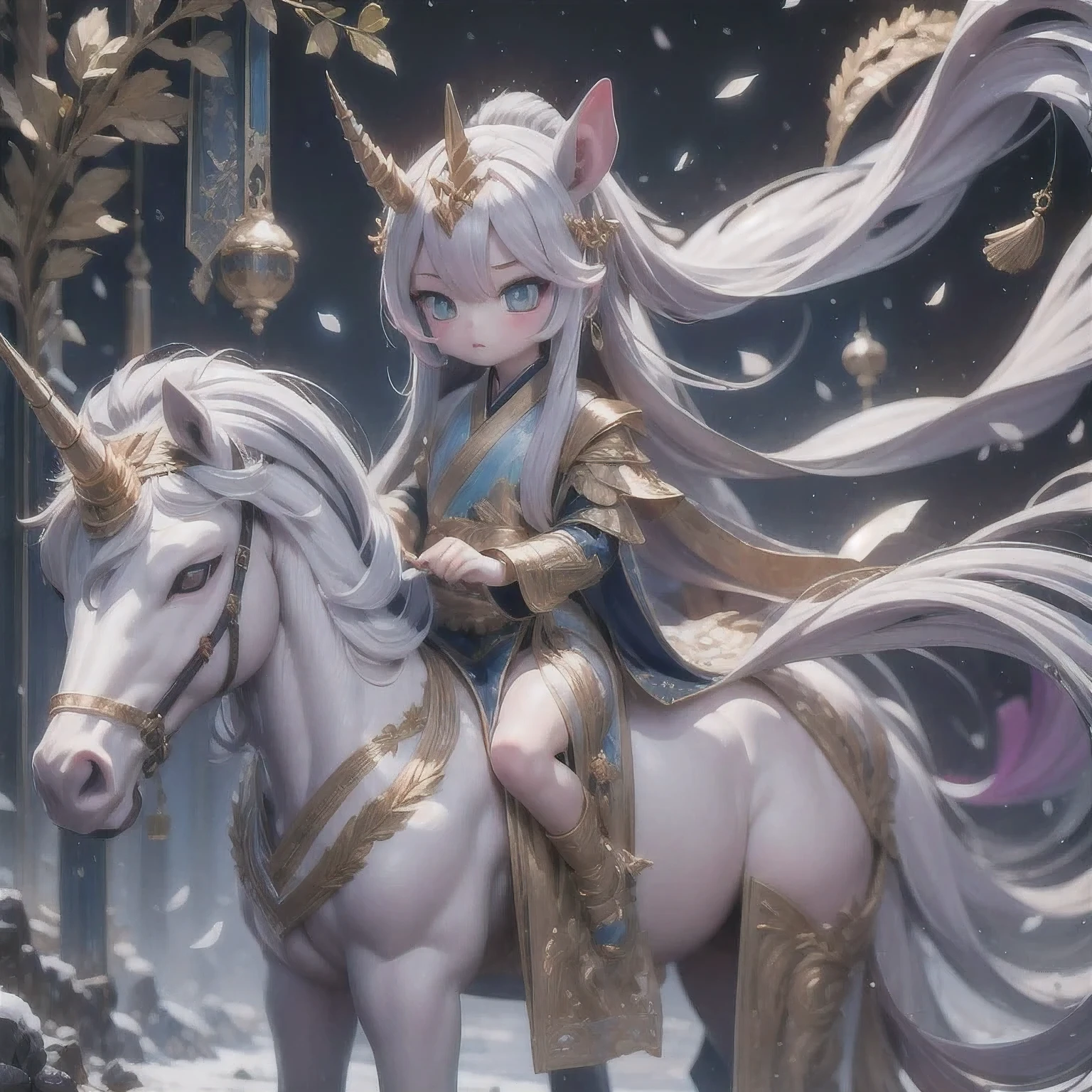 (((Unicorn Aluminum Golden Corner)))Horse-headed man,Lightning Blessing,Snow,Flowing silk hanfu,Domineering,Heart armor,Canyon landforms,