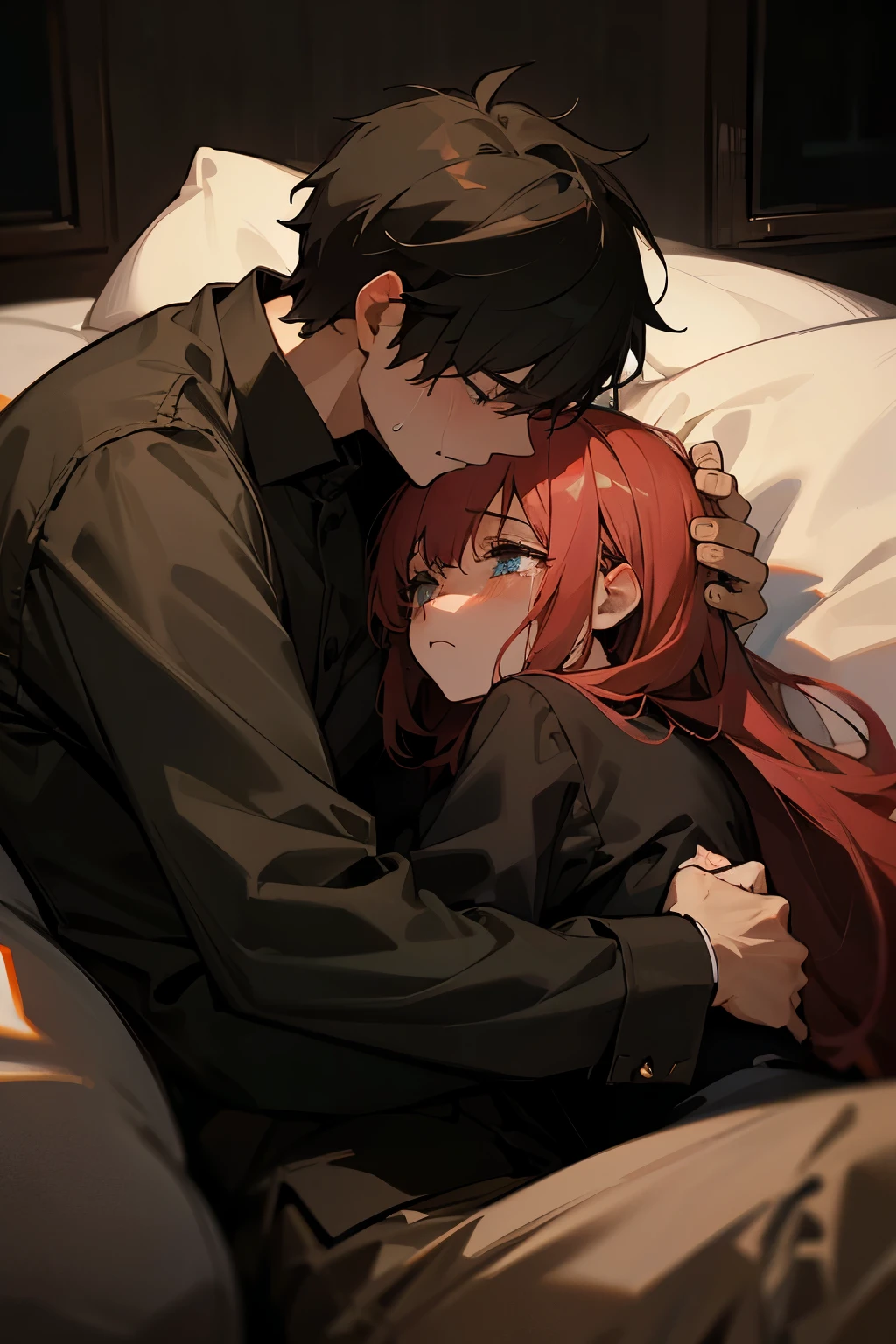 A man and a woman,Snuggle together,Night, Dark, Sad, Crying