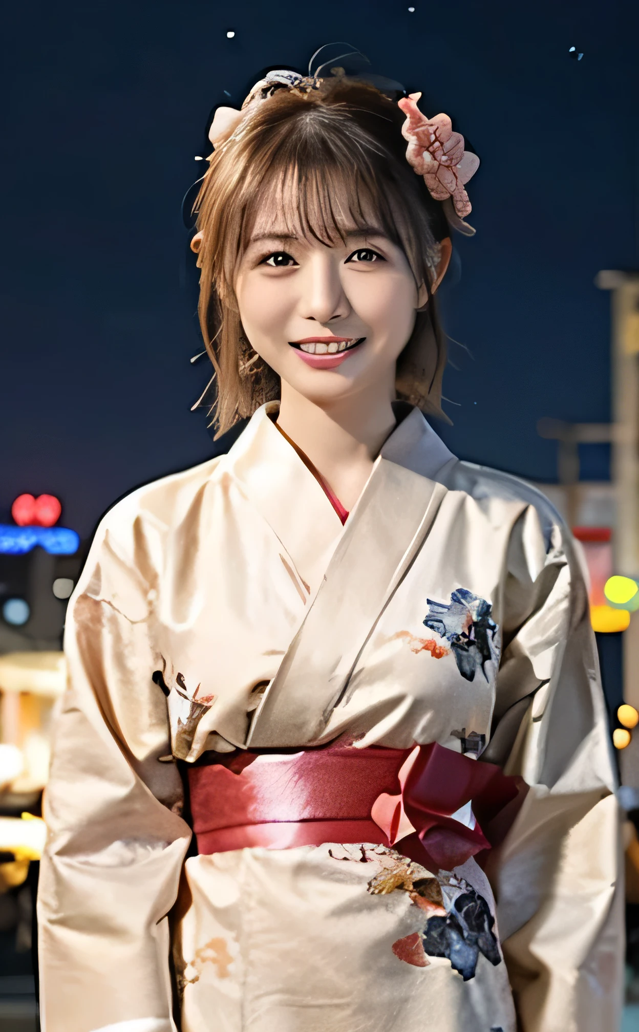 Cute hair accessories for bun hairstyles、Dark beige hair color、(Fireworks over the sea、歯の見えるA lovely smile、Fireworks fly over the port town、Fireworks at night:1.4).Traditional Japanese sky blue yukata with pink floral pattern、I'm at the seaside fireworks festival.、Cute hair accessories、Wearing a cute yukata 、Fireworks display at night、illumination、Background Blur、Braid only the front hair、Light brown hair、{{Cowgirl Shot}}、((Large breasts:1.4))、Breast swelling、Large breasts、Smile、Large breasts that can be seen even through the yukata、Braid only the front hair、Wearing a yukata elegantly、A lovely smile、((I'm at the Minatomachi Fireworks Festival.))、Full body photo、ring、High-class yukata、Tuck your hair behind one ear、Silver Necklace、smile、 Elegant ponytail、Caustics、Highly detailed photos、Very beautiful and ideal short hair、Large breasts、Super no makeup、(8k、RAW Photos、highest quality、masterpiece:1.2)、(Realistic、Realistic)、1 girl、((Medium Short Hair、Looking into the camera:1.4))、Hair blowing in the wind