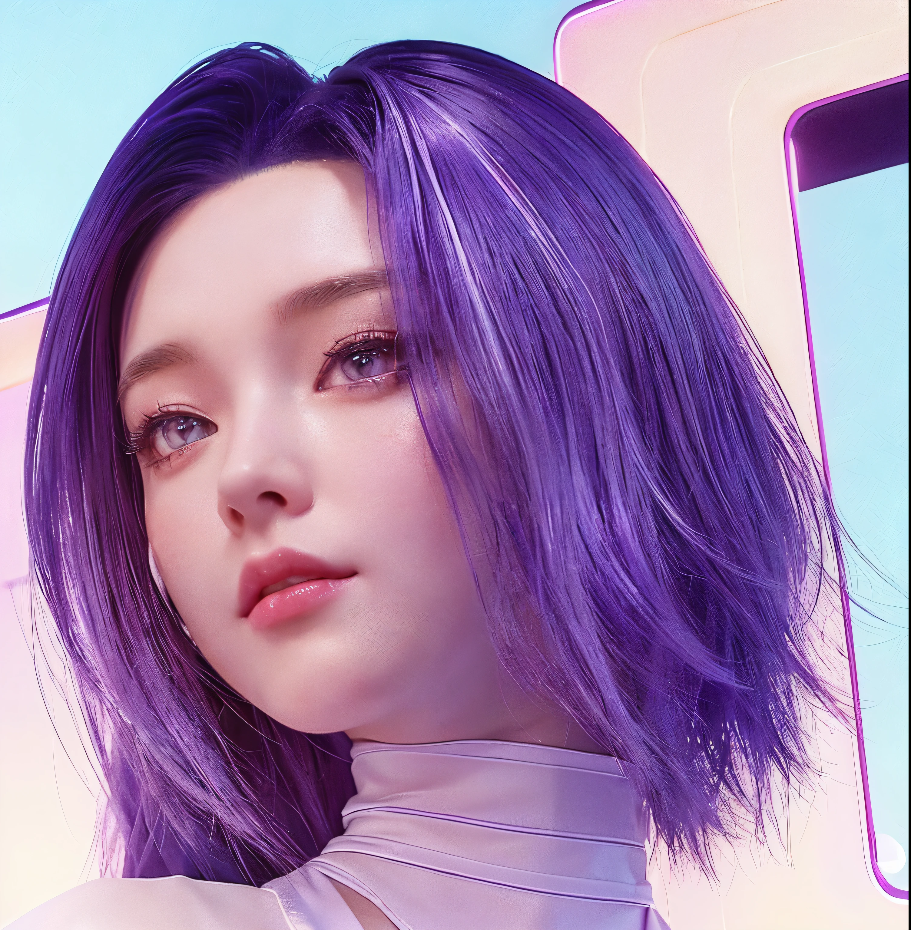 A woman with purple hair and a white top, realistic art style, 🤤 Girl Portrait, Realistic art style, Realistic anime 3D style, photorealistic art style, Stylized portrait, Anime styled 3d, Close-up portrait, Low Detail. number, nft portrait, digital fantasy portrait, Anime style. 8K, glossy number, Kawaii realistic portrait