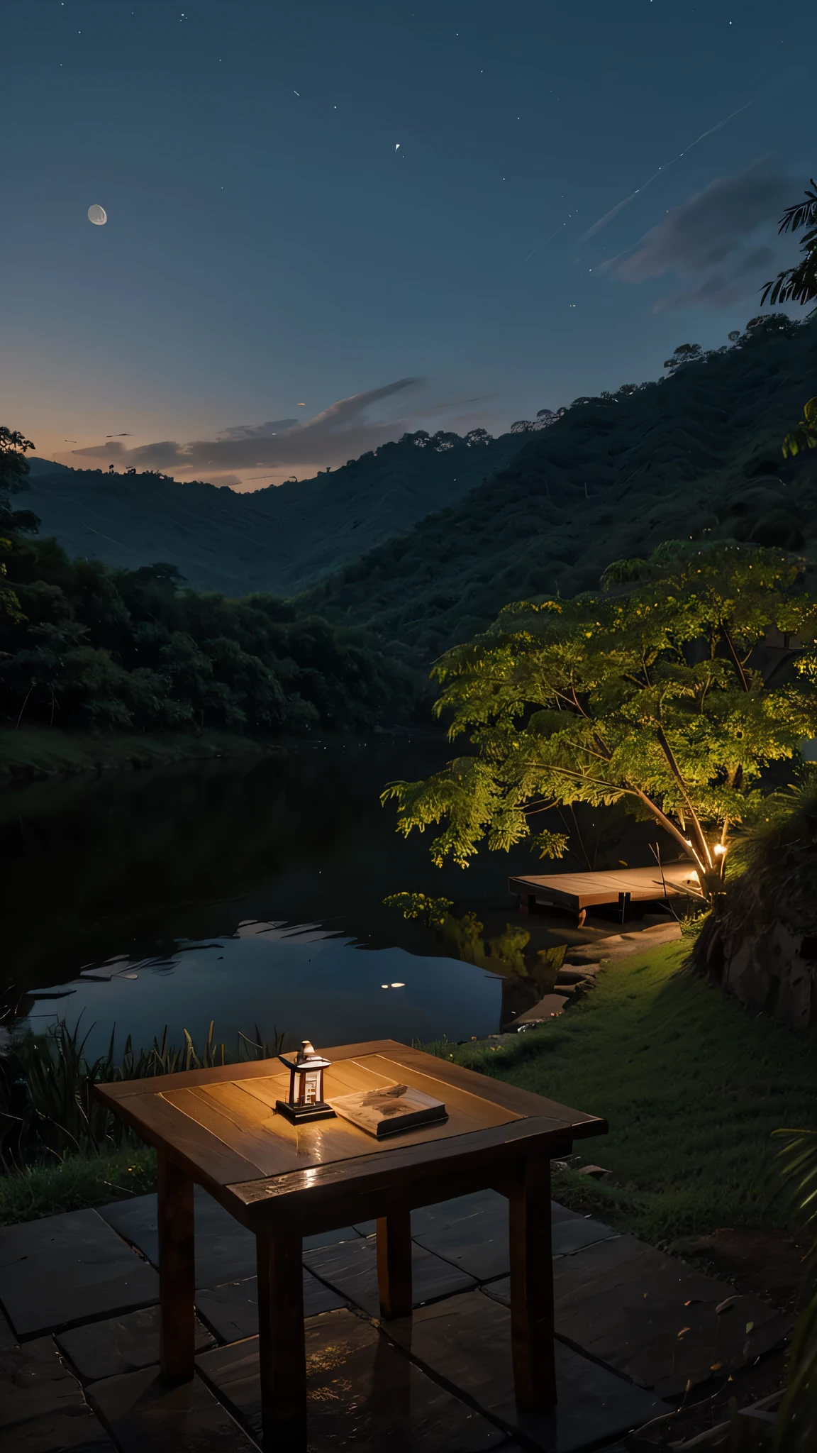 A high quality landscape in a quiet setting in the Philippines country side, at night time with a diary that can be seen above a native table made of wood