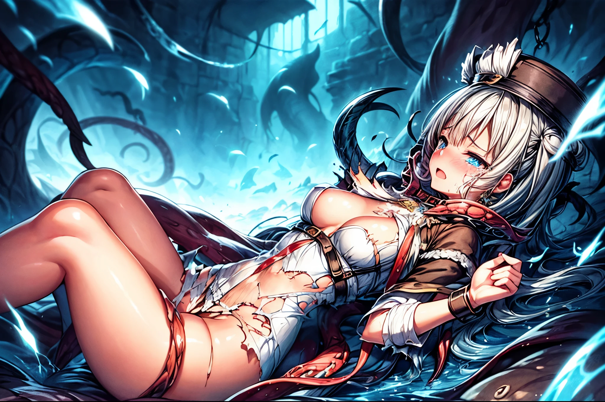 (best quality), (masterpiece), very aesthetic, absurdres, high res, all detailed, realistic, 1girl, (two side up), long hair, silver hair, (red pencil Dress, one side shoulders armor with Cape, red pencil miniskirt), medium cleavage, [black thigh-highs], [white panties], (injury skin, scar skin, bleeding skin, torn clothes:1.1), Broken Armor, BREAK NSFW, (tentacle Crucifixion, tentacle restrained, hanging, pink living cross, tentacle bound Ankles and Wrists and torso, leaning forward), (one eye closed), cry, tears, sigh, blush, sweat, (outdoors, On the ship, Kraken), cinematic lighting, diffraction spikes, full body, (from below:1.2),