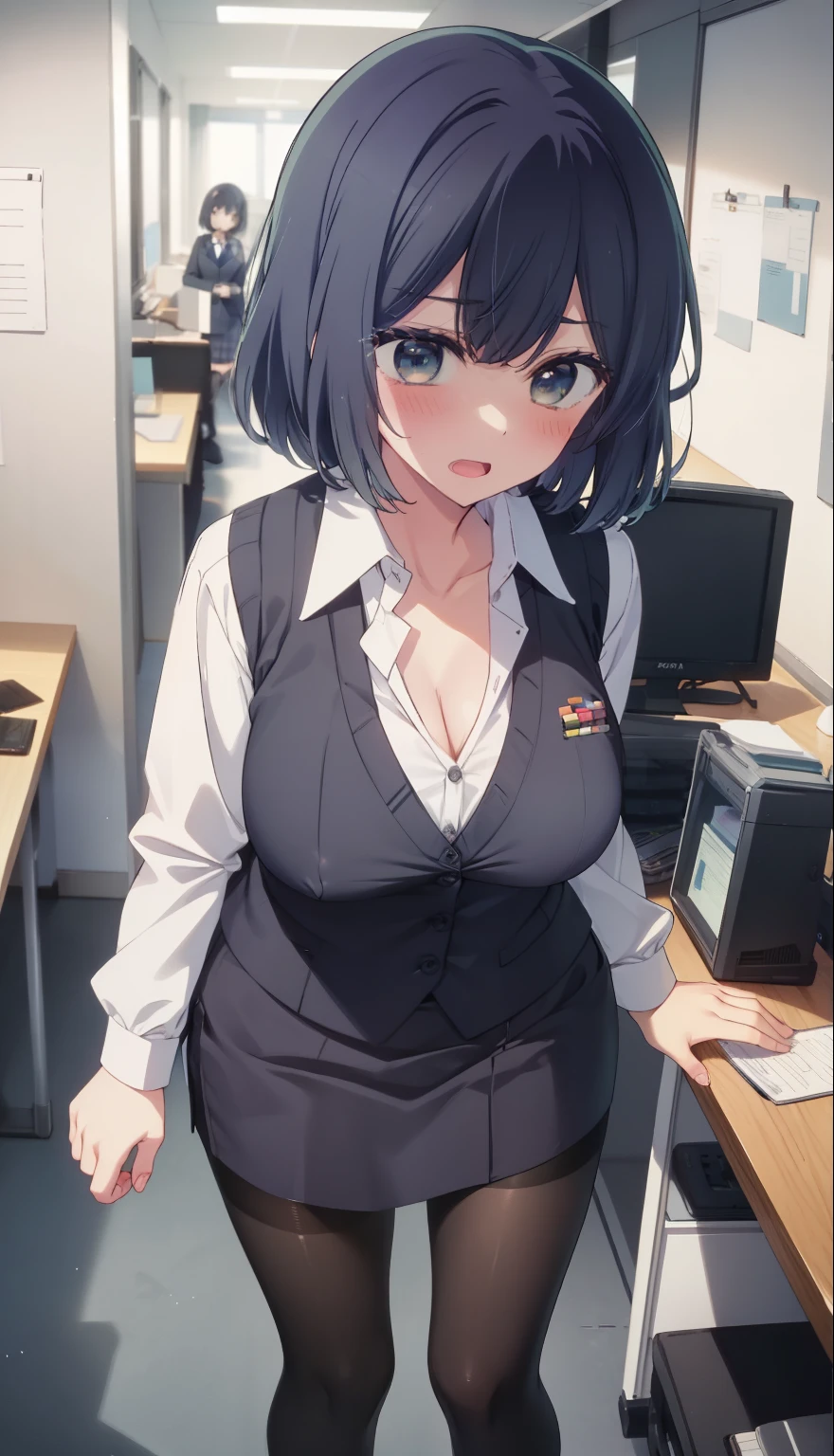 highest quality, Flying debris、Beautiful woman、Office Lady、Black Hair、(Brown eyes、Big Breasts、Blunt bangs)、short hair、Dark blue checked office suit)、new employee,Full Body Shot、Female office lady、break(Dark blue checked vest、White dress shirt、Navy blue mini tight pencil skirt:1.2)、(Black Pantyhose、garter belt、High heels)、break(office:1.3)、Cleavage、Shirt buttons fly off、Absolute area、Blushing、Embarrassed、Standing posture、Open your mouth、Exposing the breasts、Bare your breasts、No panties、No bra、Nipples are visible、Expose the nipple、Low - Angle
