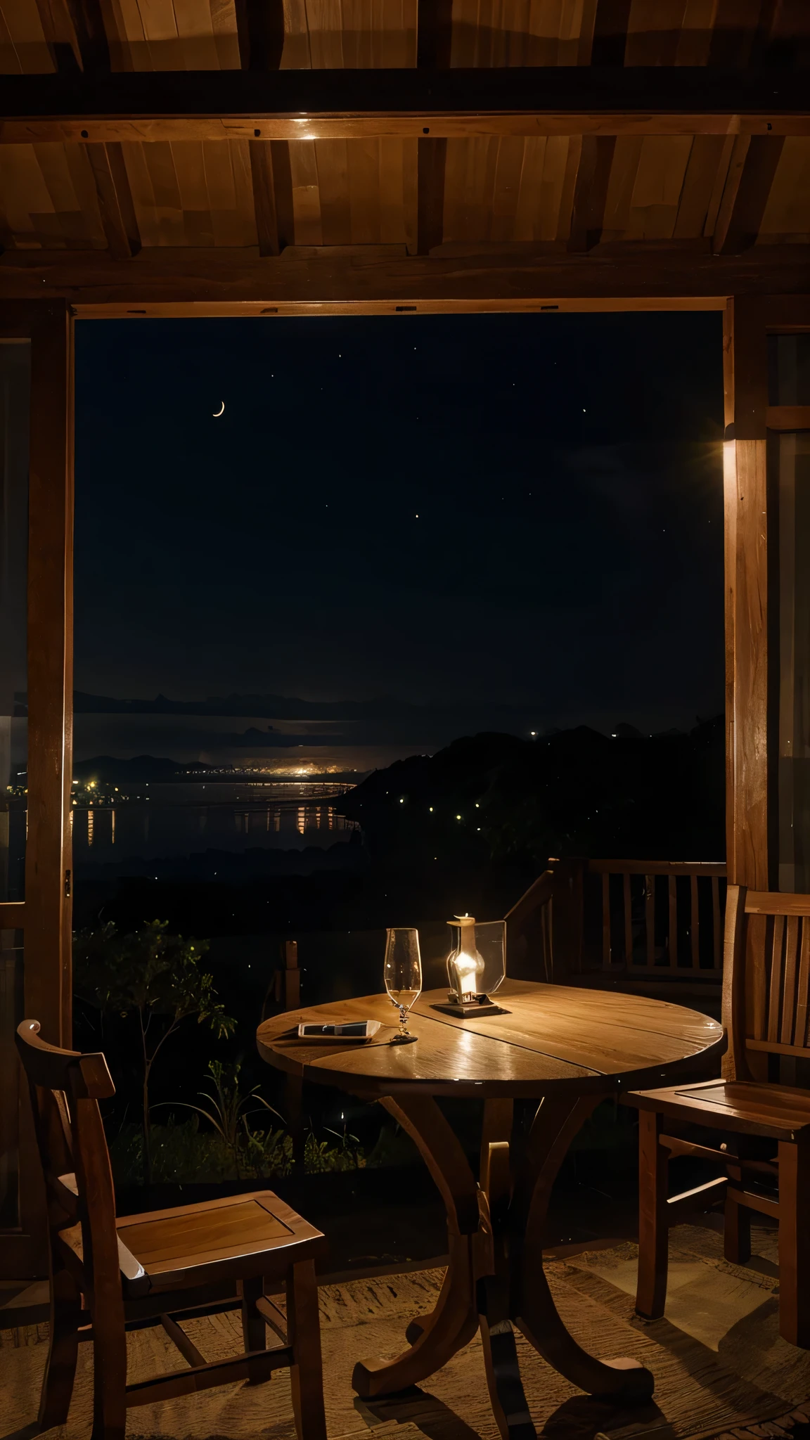 A high quality landscape in a quiet setting in the Philippines country side, at during moonless night with a diary that can be seen above a native table made of wood