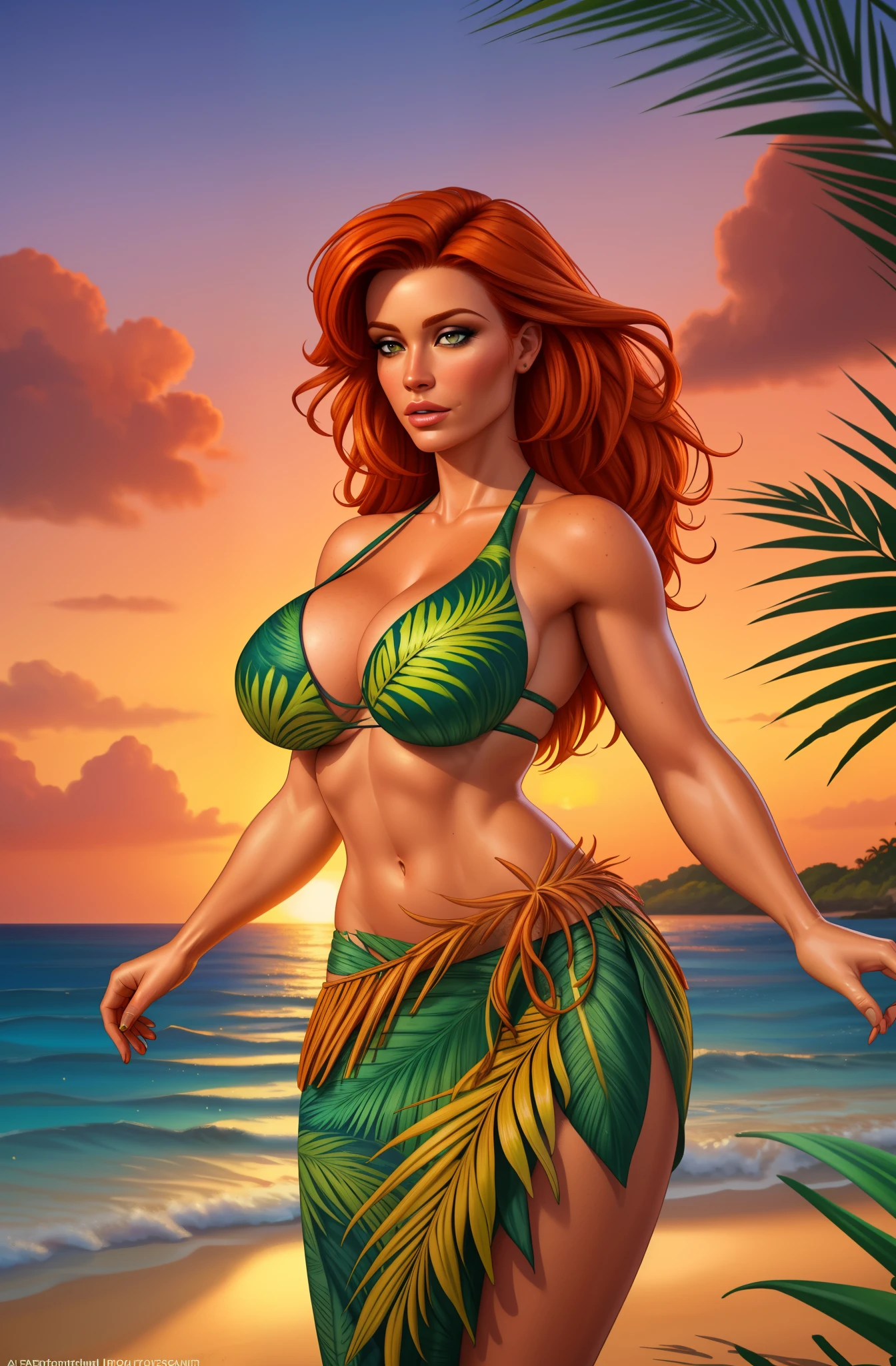 a beautiful woman with ginger hair, detailed face, wearing a grass skirt, detailed leaves and foliage, tropical beach, sunset sky, ocean waves, sandy beach, photorealistic, ultra-detailed, best quality, 8k, masterpiece