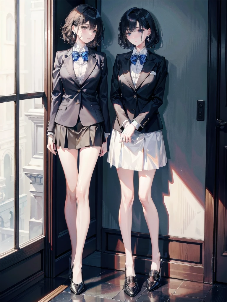 absurdres, RAW photo, extremely delicate and beautiful, masterpiece, Best Quality, ultra high resolution, 32k, hyperrealistic, ultra-detailed, perfect figure, tearful mole, earring, full body shot, short medium hair, wavy hair, collared button-down shirt, blazer, skirt,