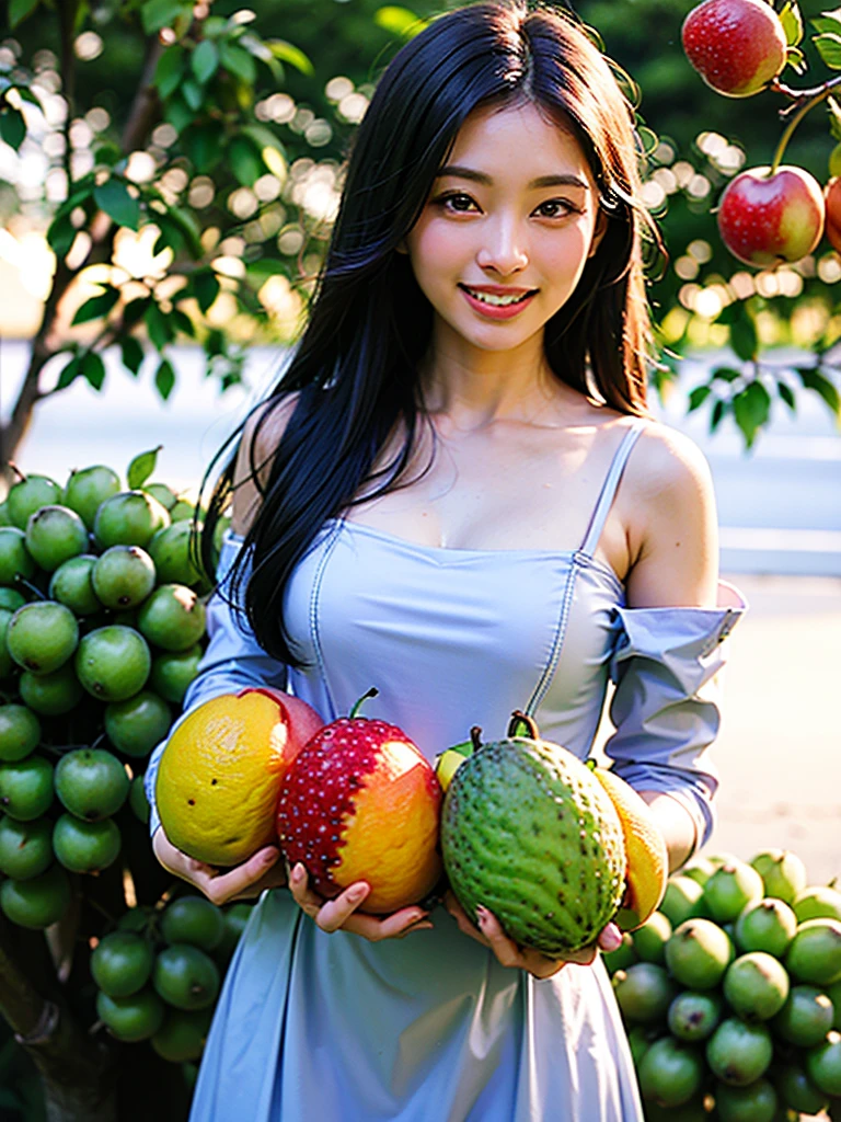 8k, masterpiece, RAW photo, best quality, photorealistic, extremely detailed CG unity 8k wallpaper, Depth of field, Cinematic Light, Lens Flare, Ray tracing, (extremely beautiful face, beautiful lips, beautiful eyes), intricate detail face, ((ultra detailed skin)) 1girl, in the dark, deep shadow, pretty Asian girl, idol, 1 girl, (very slim slender fit-muscled body:1.3), ((looking at viewer)),((big smile:1.3)), Women Summer Buffing Sleeve Off Shoulder Mini Dress a Line Flowy Swing Dress, Lavender Dress, verde claro, cetim, Este, vestido de cetim, organza silk, ((Standing in front of Guava Fruits trees)), ((too many Guava Fruits in trees)), ((Perfect yellow big size Guava Fruits)), ((Rose trees)), ((pine trees)), ((Snow Fall)), ((Snow Fall on fruits)), ((snow fall on trees)), ((Apple Orchards)), ((full apples in trees)), (((every tree have more fruits))), ((Grape orchards)), Sitting, Eating Fruits, ((Frozen Lake)), ((Detailed body parts)), Detailed fingers, Detailed body, Detailed fruits, detailed dress, k, (Best quality 1:2), (Best quality fruits 1:2)