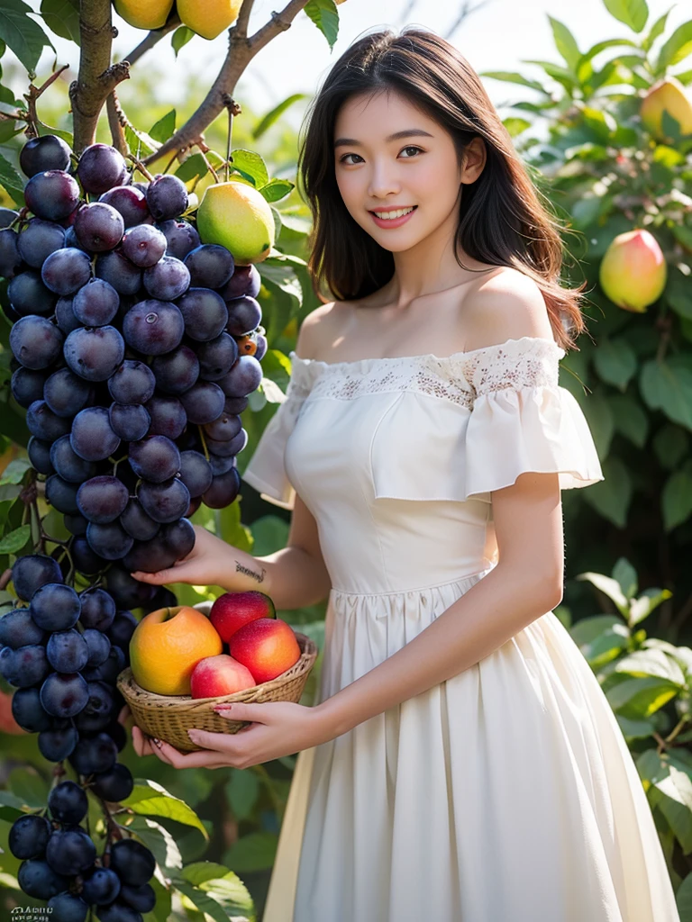 8k, masterpiece, RAW photo, best quality, photorealistic, extremely detailed CG unity 8k wallpaper, Depth of field, Cinematic Light, Lens Flare, Ray tracing, (extremely beautiful face, beautiful lips, beautiful eyes), intricate detail face, ((ultra detailed skin)) 1girl, in the dark, deep shadow, pretty Asian girl, idol, 1 girl, (very slim slender fit-muscled body:1.3), ((looking at viewer)),((big smile:1.3)), Women Summer Buffing Sleeve Off Shoulder Mini Dress a Line Flowy Swing Dress, Lavender Dress, verde claro, cetim, Este, vestido de cetim, organza silk, ((Standing in front of Guava Fruits trees)), ((too many Guava Fruits in trees)), ((Perfect yellow big size Guava Fruits)), ((Rose trees)), ((pine trees)), ((Snow Fall)), ((Snow Fall on fruits)), ((snow fall on trees)), ((Apple Orchards)), ((full apples in trees)), (((every tree have more fruits))), ((Grape orchards)), Sitting, Eating Fruits, ((Frozen Lake)), ((Detailed body parts)), Detailed fingers, Detailed body, Detailed fruits, detailed dress, k, (Best quality 1:2), (Best quality fruits 1:2)
