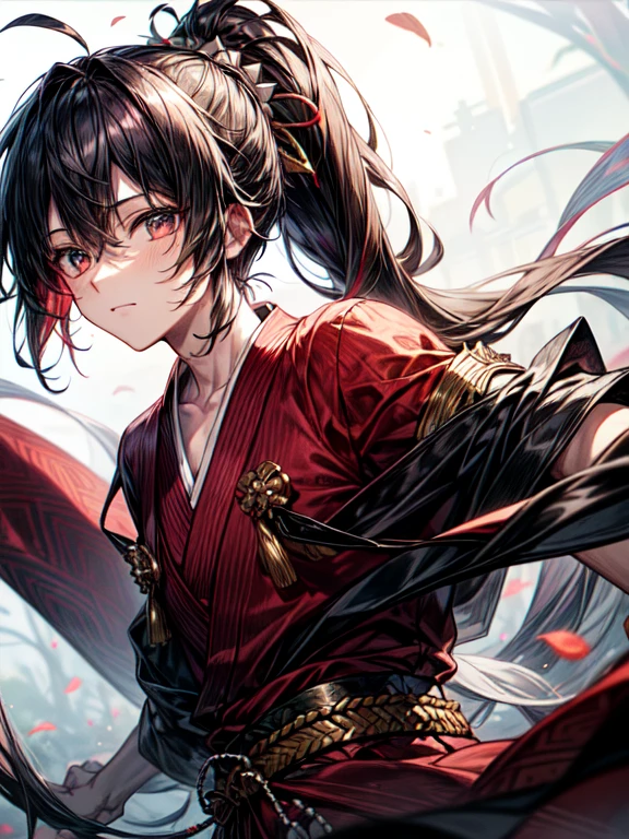 a high resolution, sharp focus, pixive masterpiece, ((complex parts)), very detailed, Yasuri_Shichika, 1 boy, male, striped beaded necklace, black hair, (spiky hair:1.1), ponytail, Very long hair, red clothes, red open clothes, simple kimono, Also