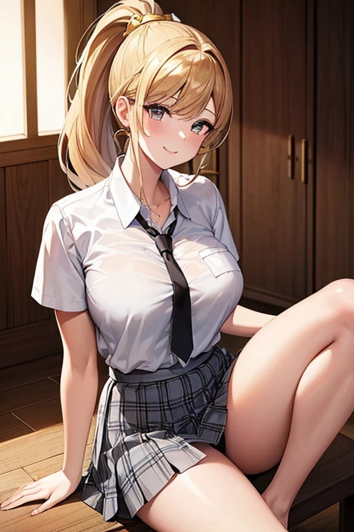 (masterpiece:1.5, highest quality), Beautiful illustrations, whole body, 1 girl, Japanese, high school girl, (金色のponytail:1.5), Hair fluttering,, Large Breasts:1.5, Beautiful Hair, Beautiful Face, Beautiful fine details, Beautiful clavicle, Beautiful body, Beautiful breasts, Beautiful thighs, Beautiful feet, Beautiful fingers, (Beautiful views), School, ((Collared short-sleeved shirt, White shirt, Grey plaid pleated skirt, Black Derby Tie)), Cleavage, Golden Hair, smile,ponytail