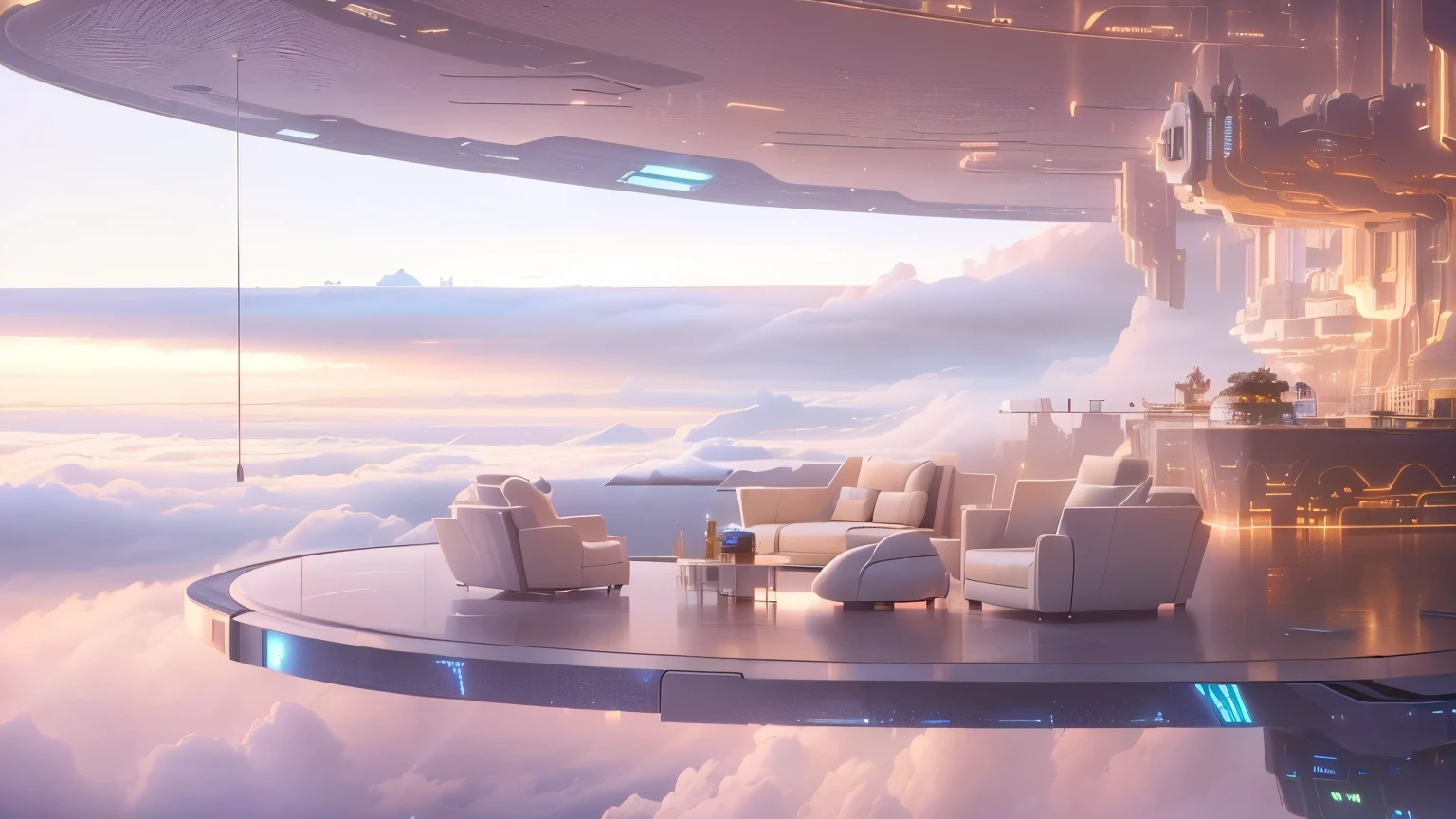 There is a living room with a view of the clouds, cafe in the clouds, Futuristic Background, Futuristic and ethereal, Surreal sci-fi set design, Floating city in the clouds, fantasy style 8 k octane render, 3D rendering of beeple, Inspired by Mike Winkelmann, Beautiful landscape rendering, Futuristic atmosphere, Cloud Temple, Atmospheric Rendering