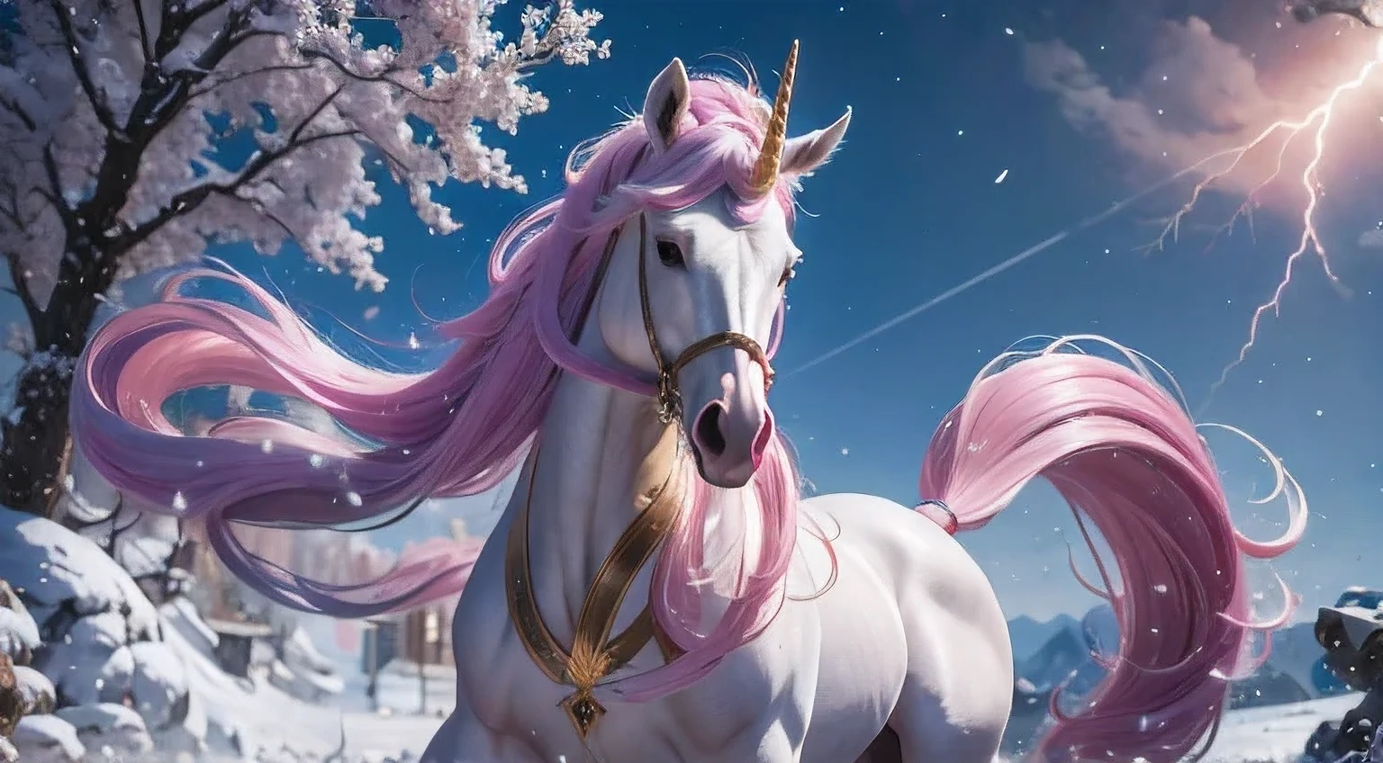 there is a unicorn with a long mane and a pink dress, white unicorn, unicorn, a unicorn, 8k high quality detailed art, 4 k detail fantasy, 4k fantasy art, detailed digital anime art, trending on artstation pixiv, 2. 5 d cgi anime fantasy artwork, (((Unicorn)))(( Aluminum Golden Corner))Horse-headed man,Lightning Blessing,Snow,Flowing silk hanfu,Domineering,Heart armor,Canyon landforms