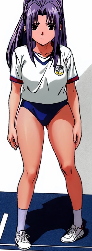 Momoko Koigakubo, a tall girl with beautiful legs, is doing bridges on a mat in a white gym uniform and light navy blue bloomers that look like panties.。