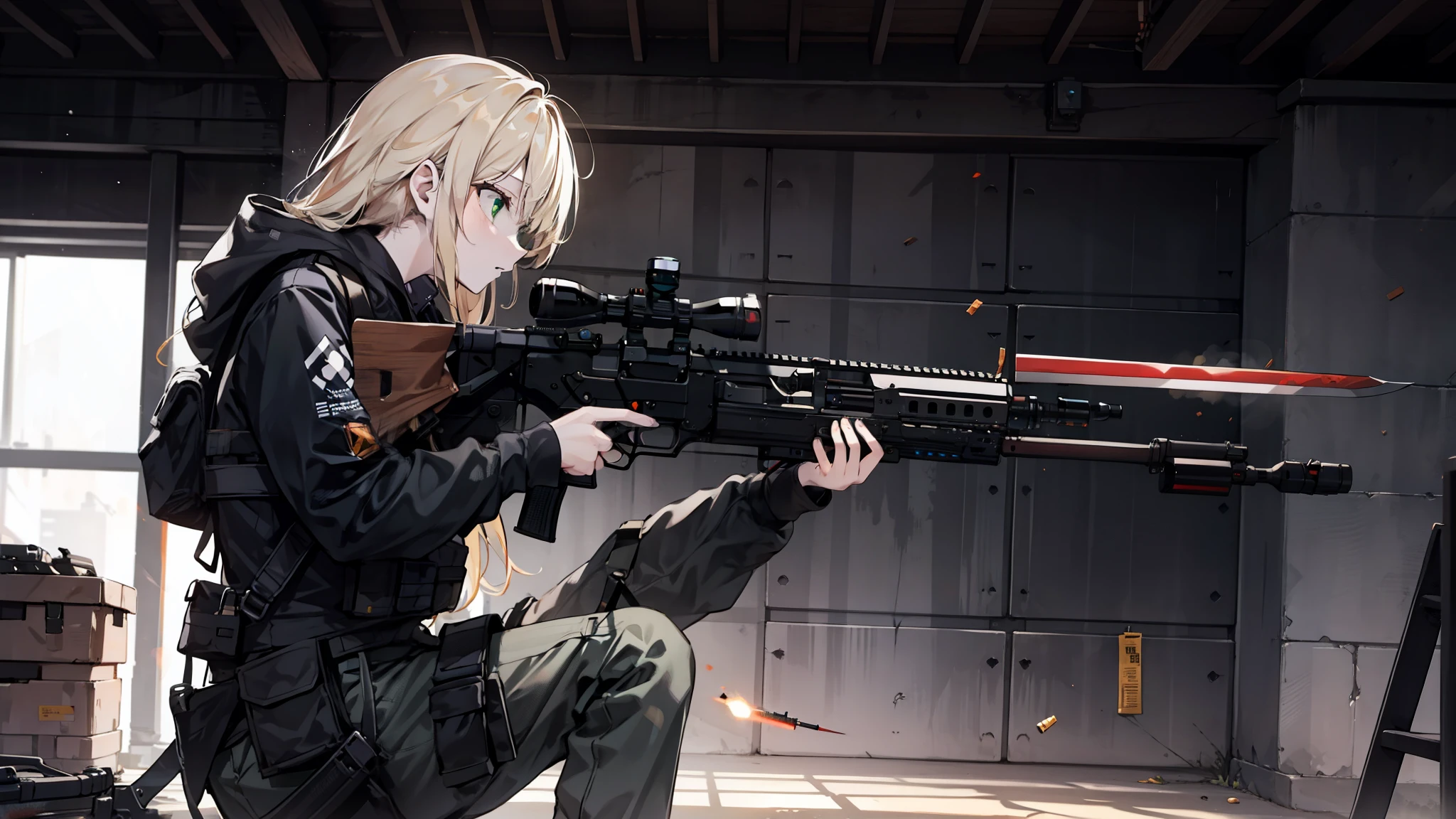 1 girl, solo, {{masterpiece, best quality, extremely detailed CG, unity 8k wallpaper, cinematic lighting, lens flare}}, a girl shooting a rifle, wide view, full body, thick body, long blond hair, green eyes, (holding weapon, holding rifle, aiming, aim, open fire, firing:1.4), gun, h&k hk416, carbine, (side view:1.4)