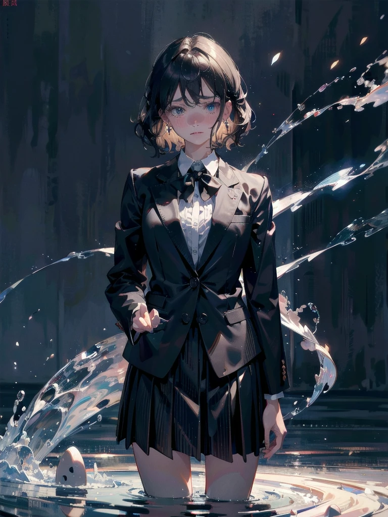 absurdres, RAW photo, extremely delicate and beautiful, masterpiece, Best Quality, ultra high resolution, 32k, hyperrealistic, ultra-detailed, perfect figure, tearful mole, earring, whole body shot, short medium hair, wavy hair, collared button-down shirt, blazer, skirt,