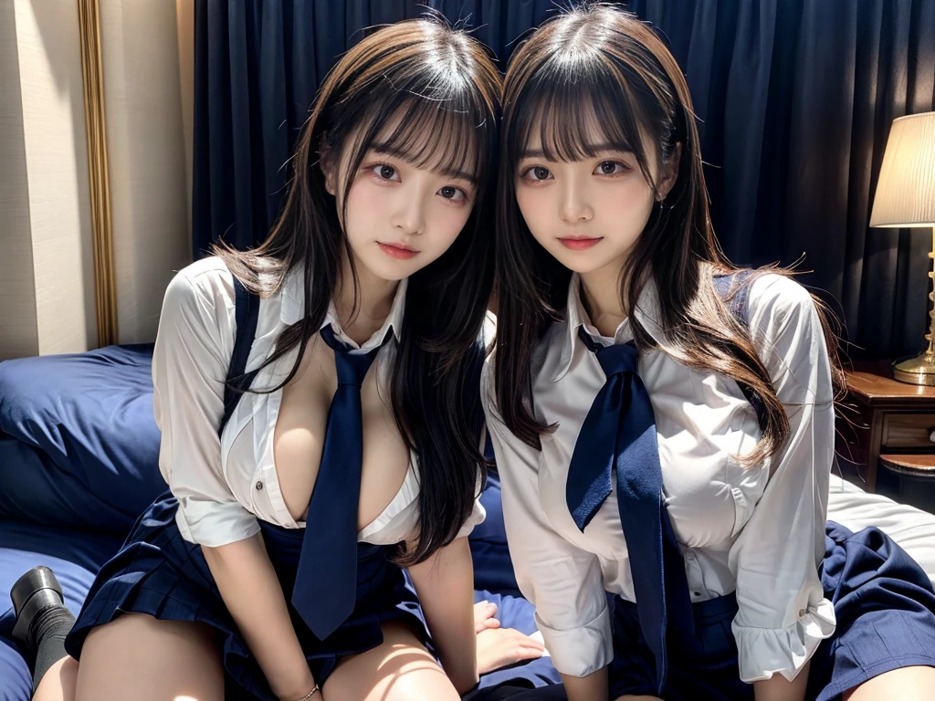 (8K, Raw photography, top-quality, ​masterpiece:1.2),  ((3 beatiful girls))、.（Realistic Skins 1.4）、（（（female high-school student、School Uniforms、）））、{{‎(The background is a luxury hotel room}}（（School Uniforms、white Cutter shirt、darkblue pleatedskirt))、（(long hair)）、((breast grab, SEX,  NSFW)), ((One has short hair)),（A dark-haired、The forehead is hidden by bangs、）、Black eyes、shinny skin.Beautiful delicate face、Beautiful delicate eyes、｛Voluptuous body shape、Thicker thighs｝、One piercing in each ear,((large breasts)), ((navy blue tie)) ,looking at camera, ((close up))