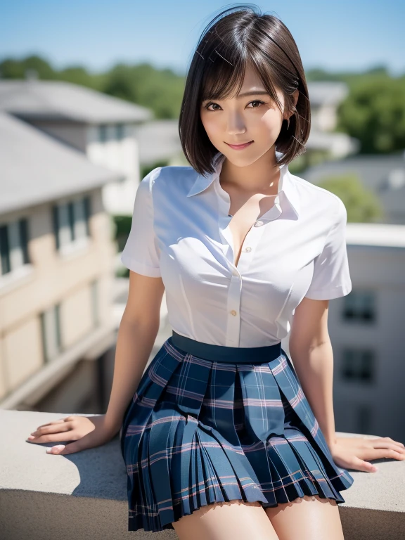 (Highest quality: 1.5), (Realistic: 1.5), (1 person: 1.5), Highly detailed, High resolution, 8k, slightly saggy medium breasts, Natural colored lips, Cute smile, Japanese woman, 20 year old girl, beautiful and graceful features, perfect and beautiful face, balanced big eyes, brunette eyes, beautiful and graceful features, natural double eyelids, natural bangs, beautiful thin nose, beautiful skin, medium bob hair , natural bangs , perfect and beautiful face, slim face and figure, blue summer sky, socks, (looking at the camera with a sweet smile), bright lighting, professional lighting, forward lighting, beautiful legs: 1.2, smooth skin, slender body, slim waistline, slim thin thighs, cleavage, detailed clothes, (short sleeve dress shirt:1.5), (Pleated skirt:1.5), plaid pleated micro mini skirt, short sleeve dress shirt, (unbuttoned shirt to show cleavage), sit on the roof of the school, Beautiful breasts, beautiful cleavage,