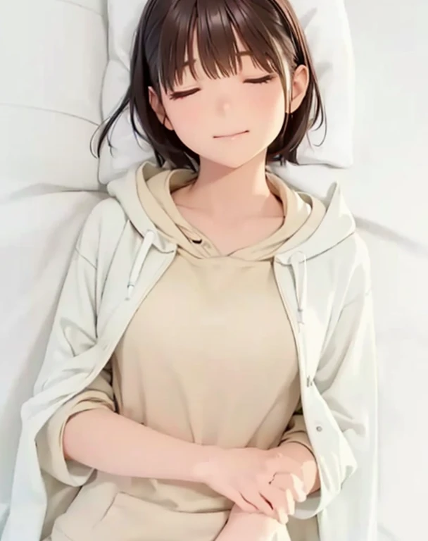 High resolution,In 8K,highest quality,detailed,Semi-realistic anime,Anime 3D Style,Smooth anime CG,One Girl,19-year-old woman in Japan,slim,Modeled,Shiny brown hair,Medium Hair,detailedな顔,Beautiful and detailed,Glowing Skin,Light Shirt,Ivory colored hoodie,straggling hair,Angelic hairstyle,(Small breasts),(((close your eyes))),((Shut your mouth.)),((Sleeping face))