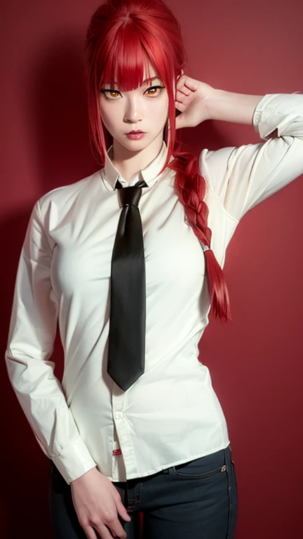 (8k, RAW photo, masterpiece, best quality, realistic:1.4), makima \(chainsaw man\), (red hair)+(long braided hair)+(bangs), yellow eyes, golden eyes, (ringed eyes), ((asian)), (white shirt), (necktie), tied up bangs, stare, smile, (evil:1.2), medium long shot, looking at viewers,
