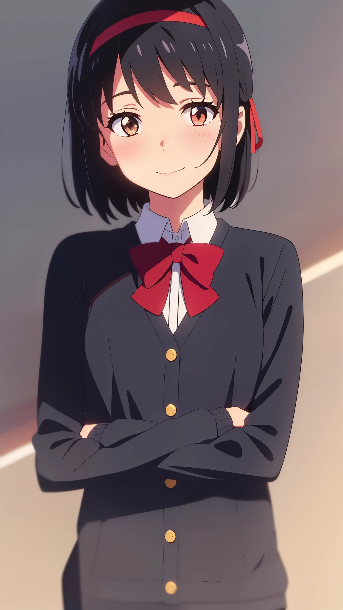 shinkai makoto, kimi no na wa., 1girl, bangs, black hair, blush, brown eyes, shinny skin, red headband, red ribbon, red bow, collared shirt, white shirt, black cardigans, looking at the viewer, short hair, cute, smile, solo, upper body, long sleeves, simple background