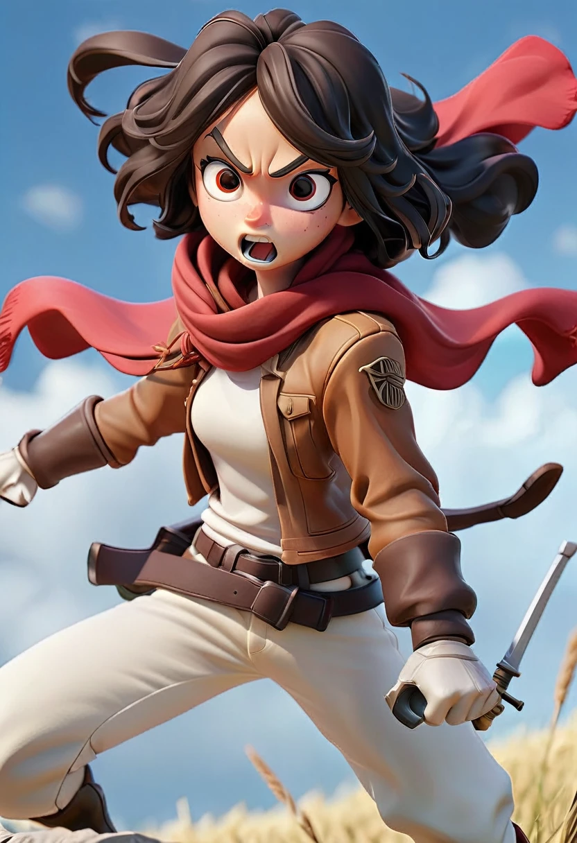 Pixar style:2,masterpiece, best quality, High resolution, A bunch of umm, mikasa ackerman (Attack on Titan),short hair, black eyes, scarf, emblem, belt, Thigh straps, red scarf, White pants, Brown jacket, Long sleeve, Possession of weapons, sword, dual wield, 3D Maneuvering Device, Fighting Stance, Sky,