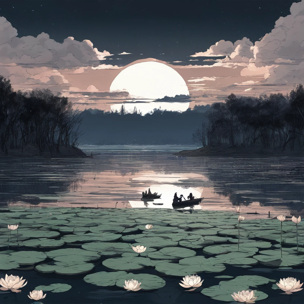 Anime illustration style night sky lake water lilies