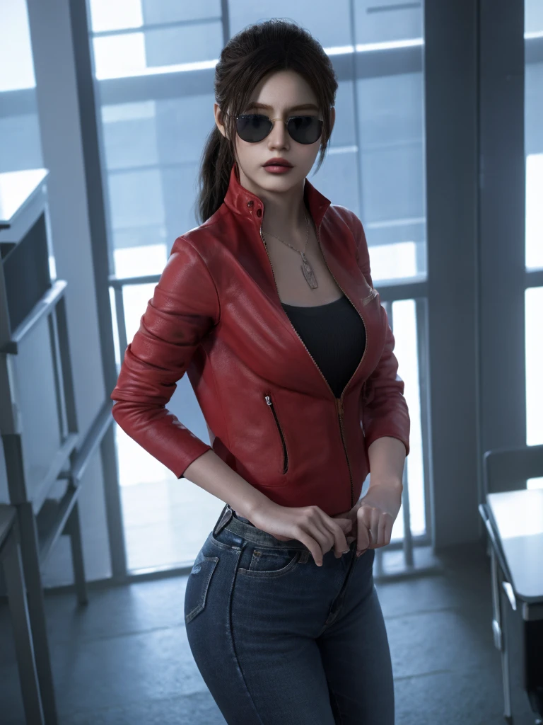 (masterpiece, best quality), 1 Girl , Clay Redfield 2, in school, Wearing sunglasses and a mask, wear jeans