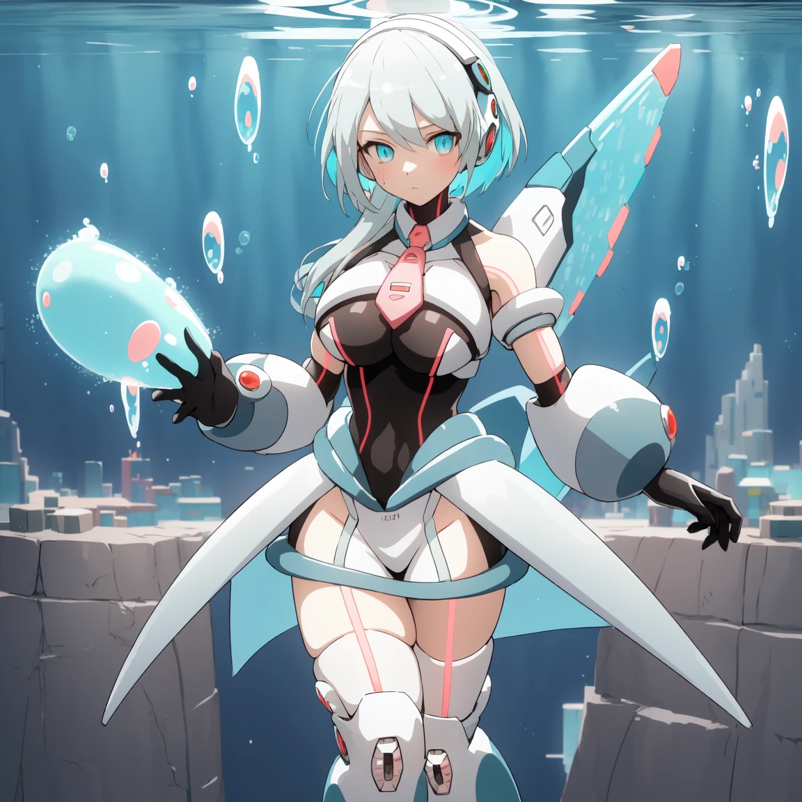 ico_megamanxdive, 1girl, blue eyes, solo, white hair, android, large breasts, black gloves, short hair, thighhighs, necktie, high quality, masterpiece, standing in an underwater city with lots of bubbles, in the style of yuumei, intricate architectures, indigo, miniature illumination, daniel f. gerhartz