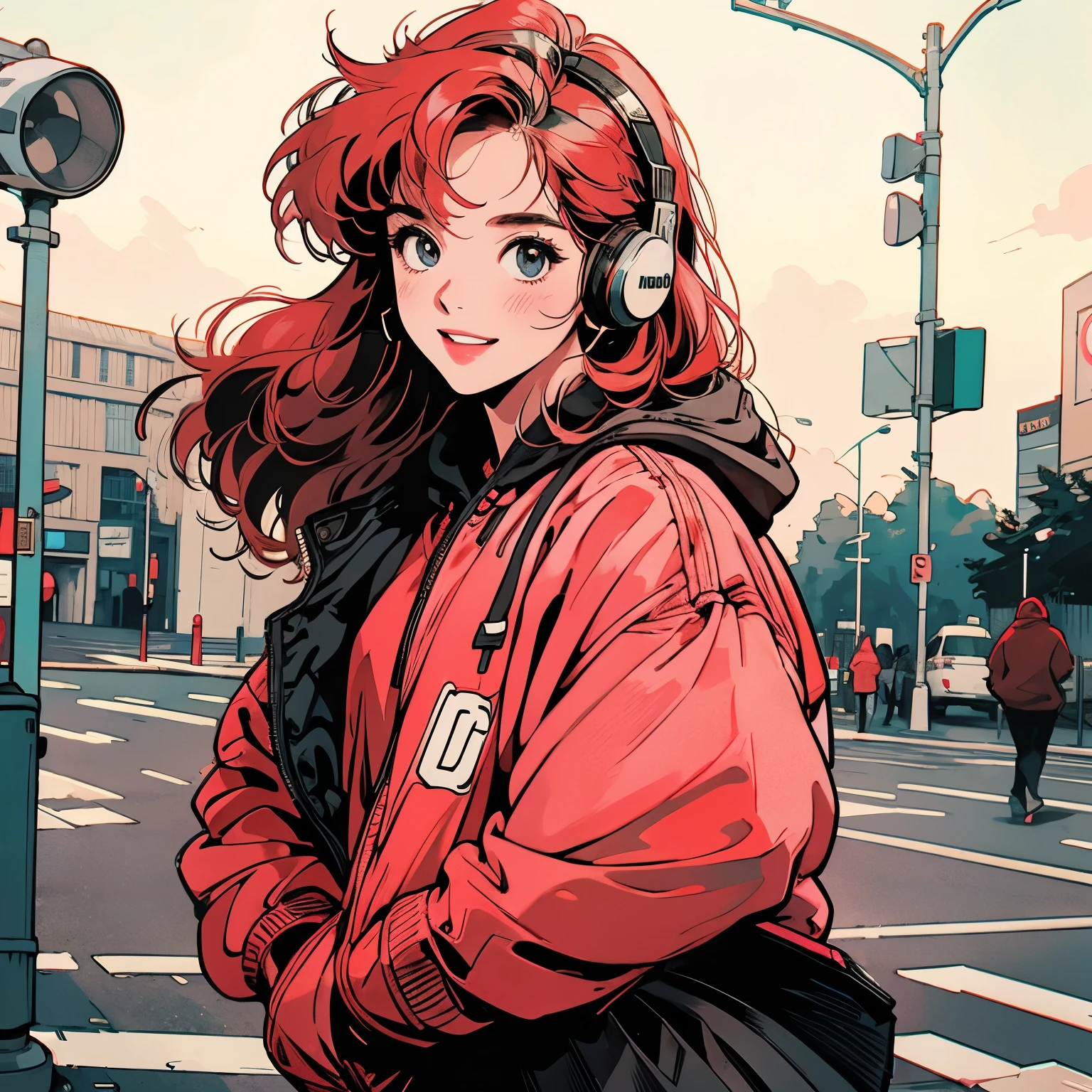 whole body、Kind Face、1 pretty woman、Hoodie with hood、skirt、pedestrian crossing、Signal 、intersection、Complex background、Detailed Hair、smile、pale red hair、Faint lighting、Wearing headphones