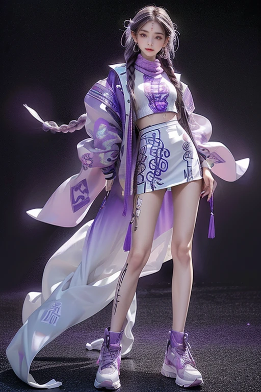highest quality, Very detailed, masterpiece, Two women posing,(((Perfect female body))),Very beautiful face, Very beautiful body,Gentle expression, Very beautiful eyes,(Perfect Makeup:1.1),Fashion Model,Cyberpunk Fashion,Curly Hair,Shaggy Hair, (Long braided hair in a white and purple gradient drifting in the wind:1.5),Pink and blue gradient:1.3, very thin body,Smart Abs,(Monogram pattern:1.3),Tech See-Through Blazer,Monogram patternロングレングススカート,anklet,Tech High Top Sneakers,A kind smile,Full body portrait,(Night in Cyber City), (Shiny skin),(Earrings),Long scarf with elegant pattern,Neon long shawl,Digital Clock,Neon Tattoo:1.3,Fractal Splash,
