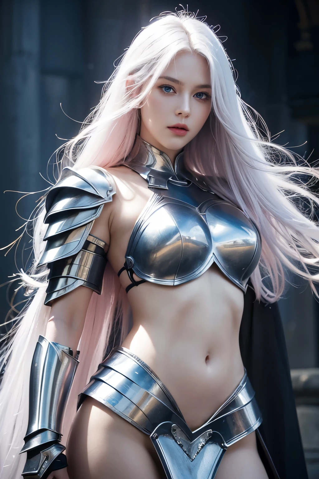 photorealistic, high resolution, 1women, shining skin, solo, jewelry, pink lips, long white hair, blue eyes, closed mouth, hips up, fantasy armor, armed with a sword, wearing heavy armor LnF