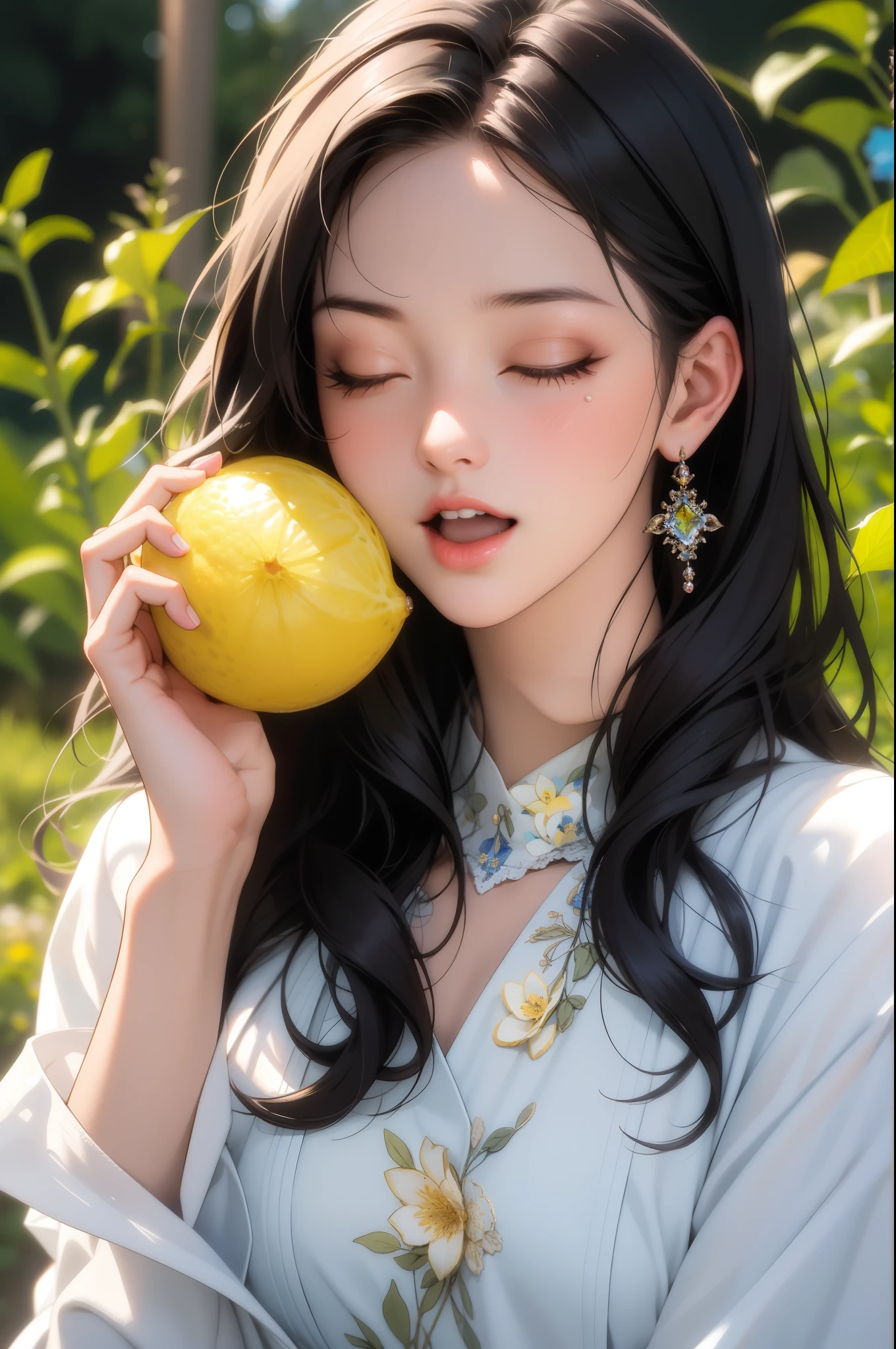 (a beautiful girl with long hair,(girl eating a lemon),girl in a flowery meadow,cute girl, closed eyes, tear, open mouth,girl holding lemon,natural lighting, lemon garden,sunlight,intricate details,highly detailed,8k,photorealistic,ultra-detailed,vibrant colors,warm colors,soft focus,magical realism,fantasy,whimsical,soothing atmosphere)
